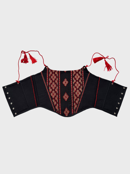 Folk corset with puff sleeves and geometric motifs