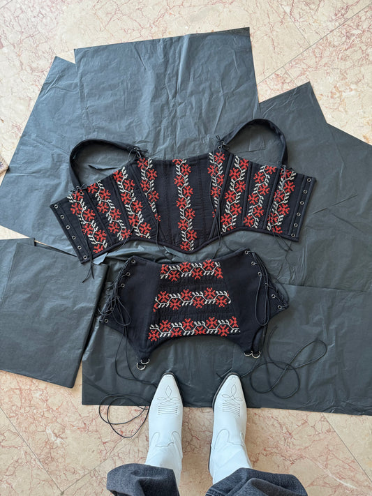 Romanian Folk Corset + Corset Belt with geometric motifs