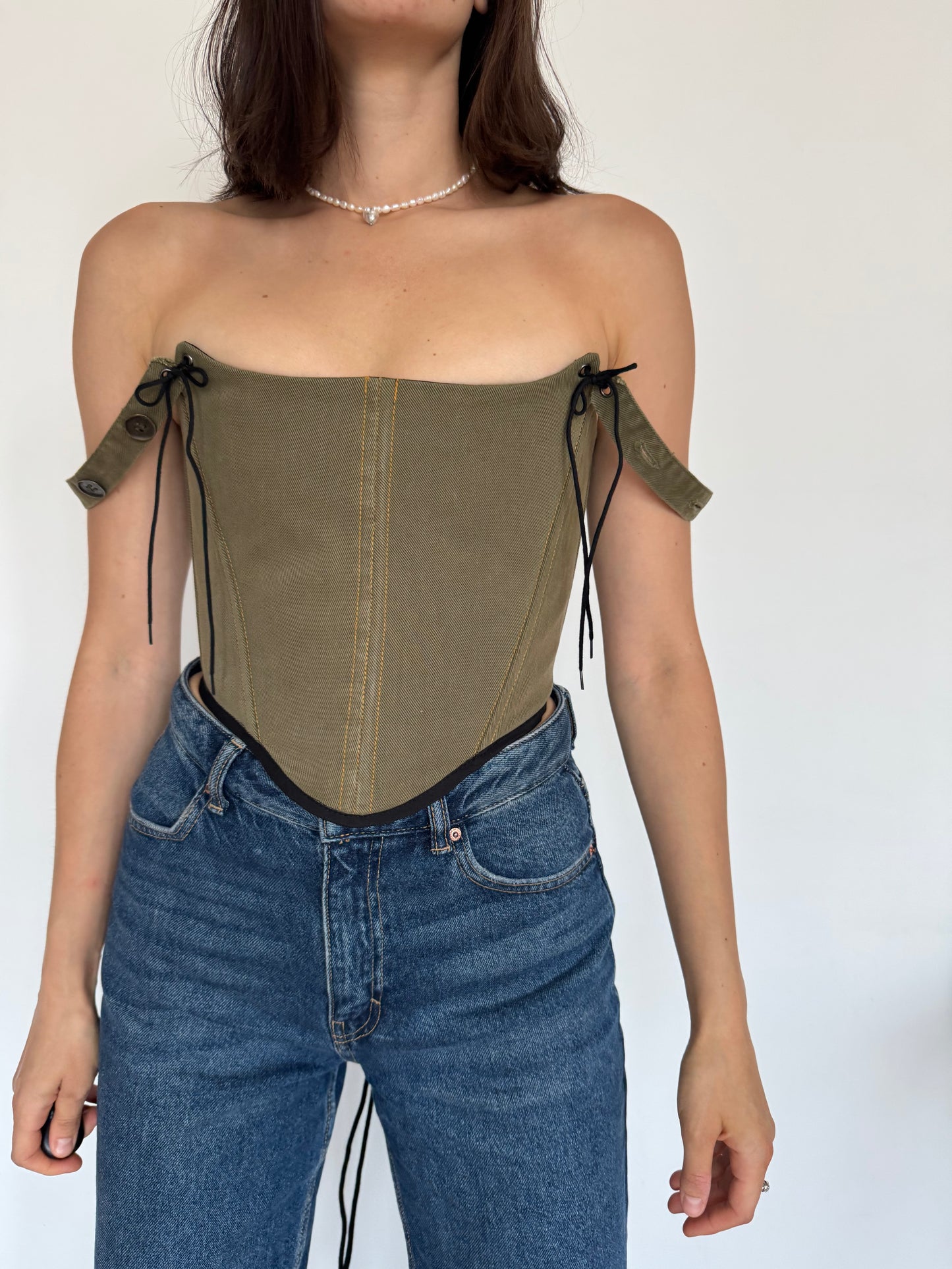 Khaki Denim Corset with Straps