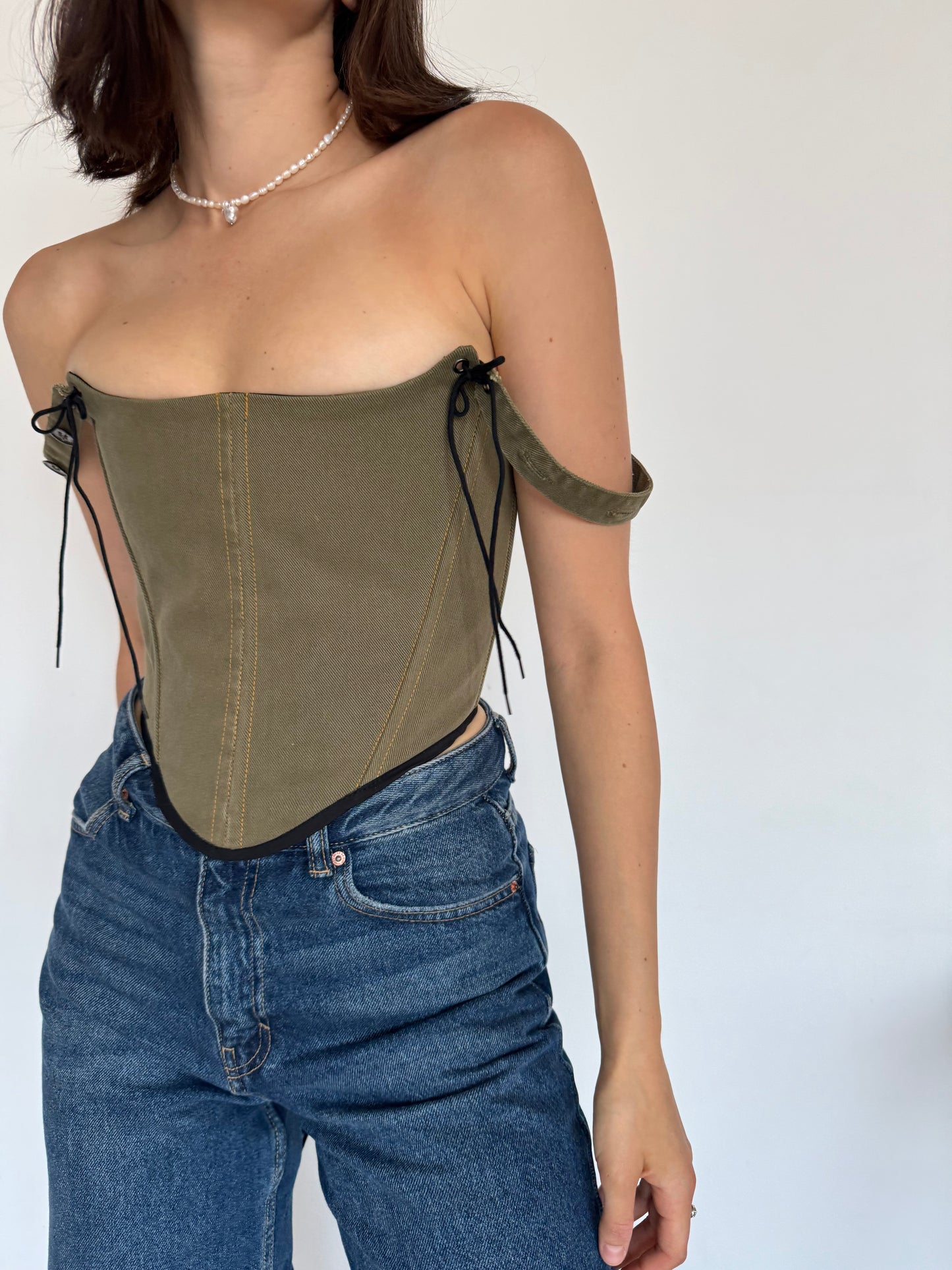 Khaki Denim Corset with Straps