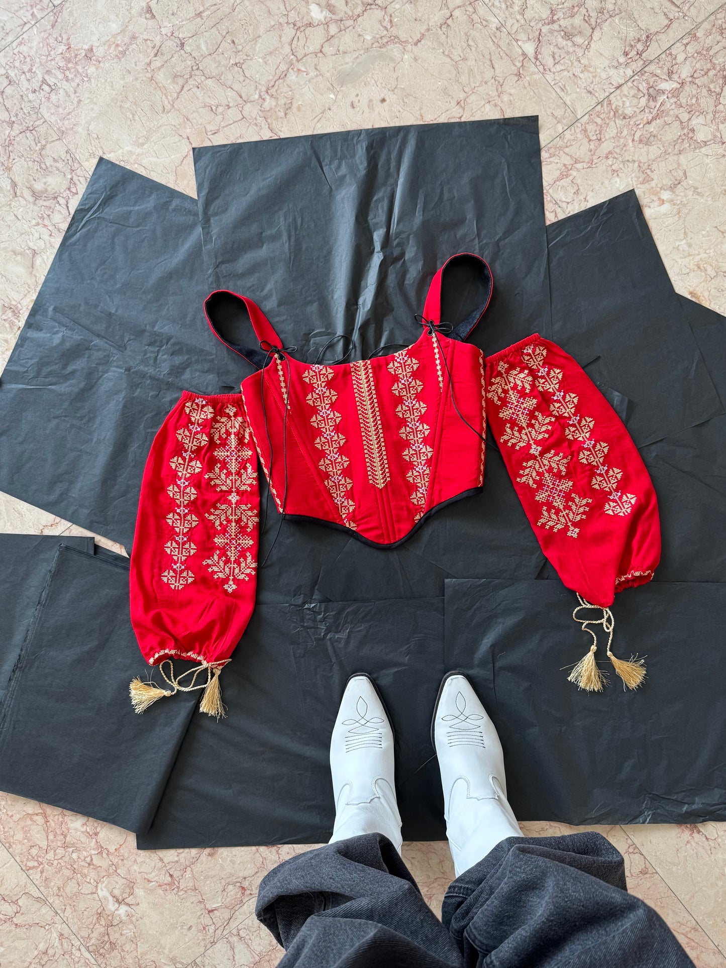 Romanian Folk Corset with geometric motifs and sleeves