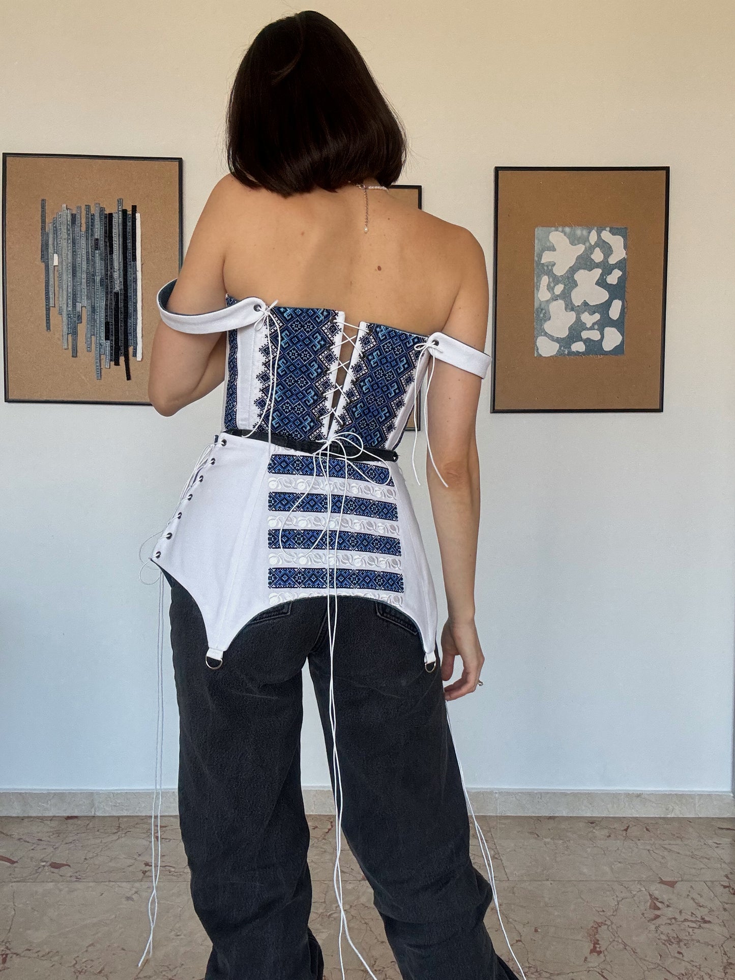 Romanian Folk Corset + Corset Belt with geometric motifs