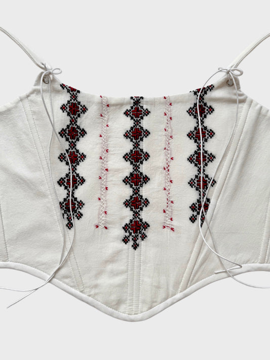Folk corset made from hand-embroidered Romanian blouse