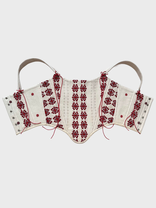 Folk corset made from hand-embroidered Romanian blouse