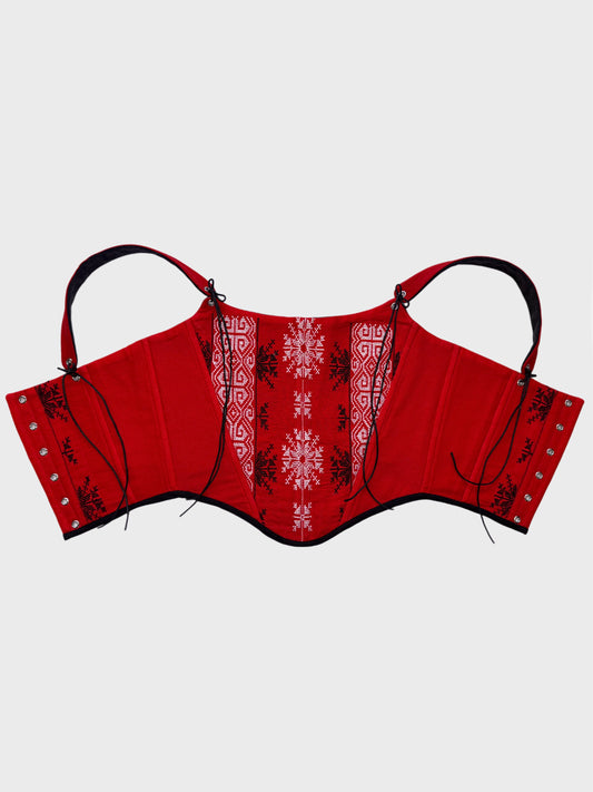 Folk corset with puff sleeves and geometric motifs