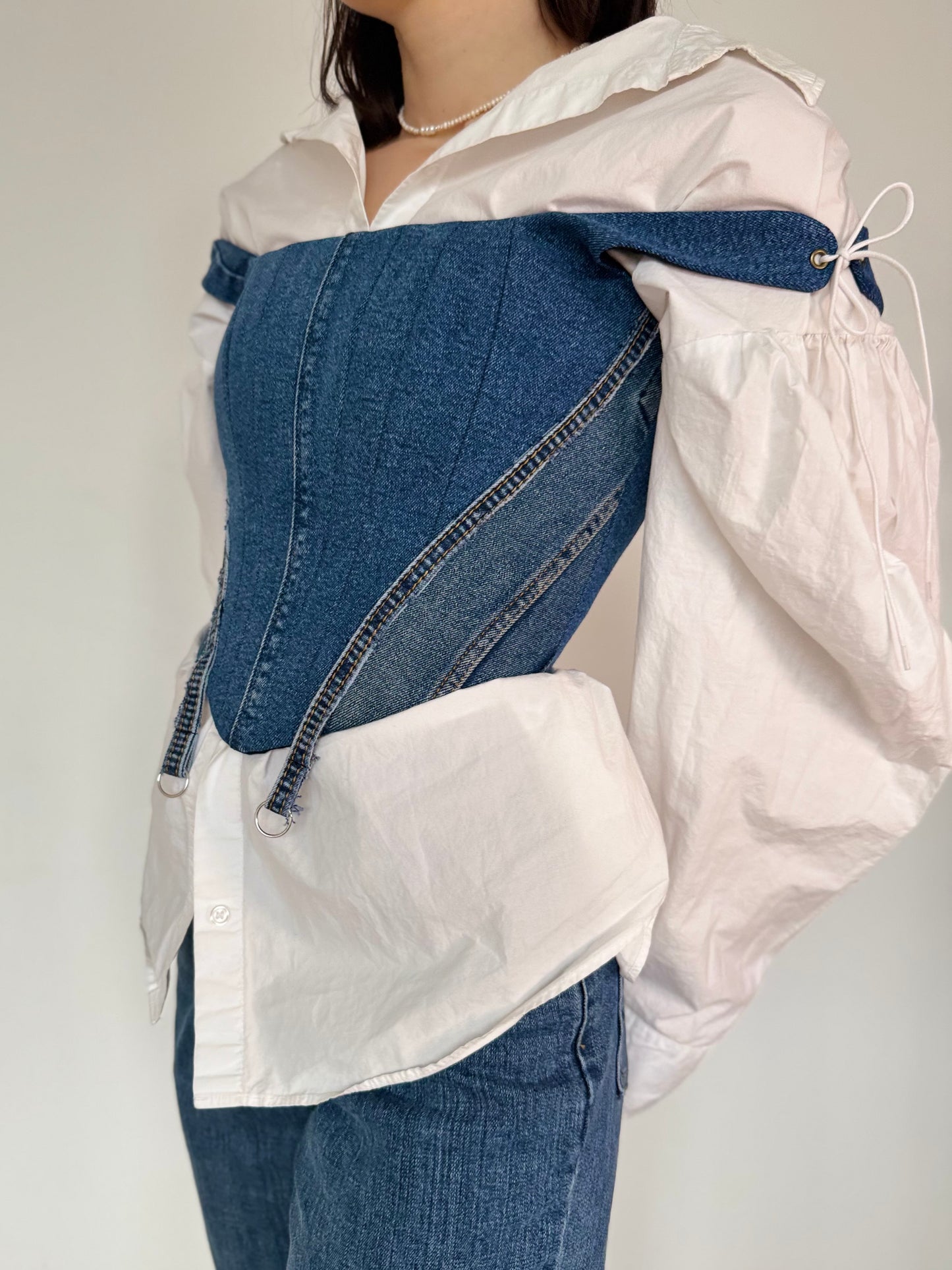 Blue Denim Corset with Adjustable Straps and Metal Details [Pre-Order]