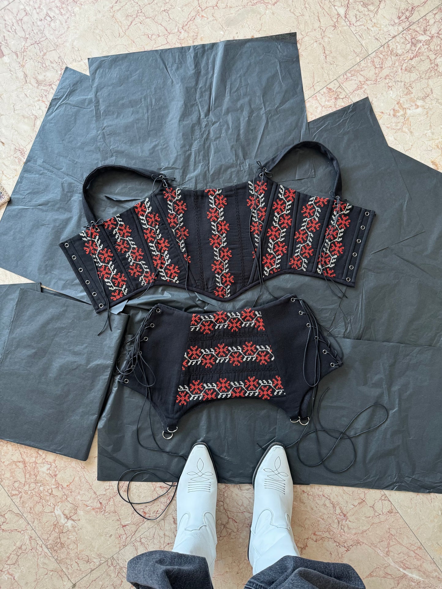 Romanian Folk Corset + Corset Belt with geometric motifs