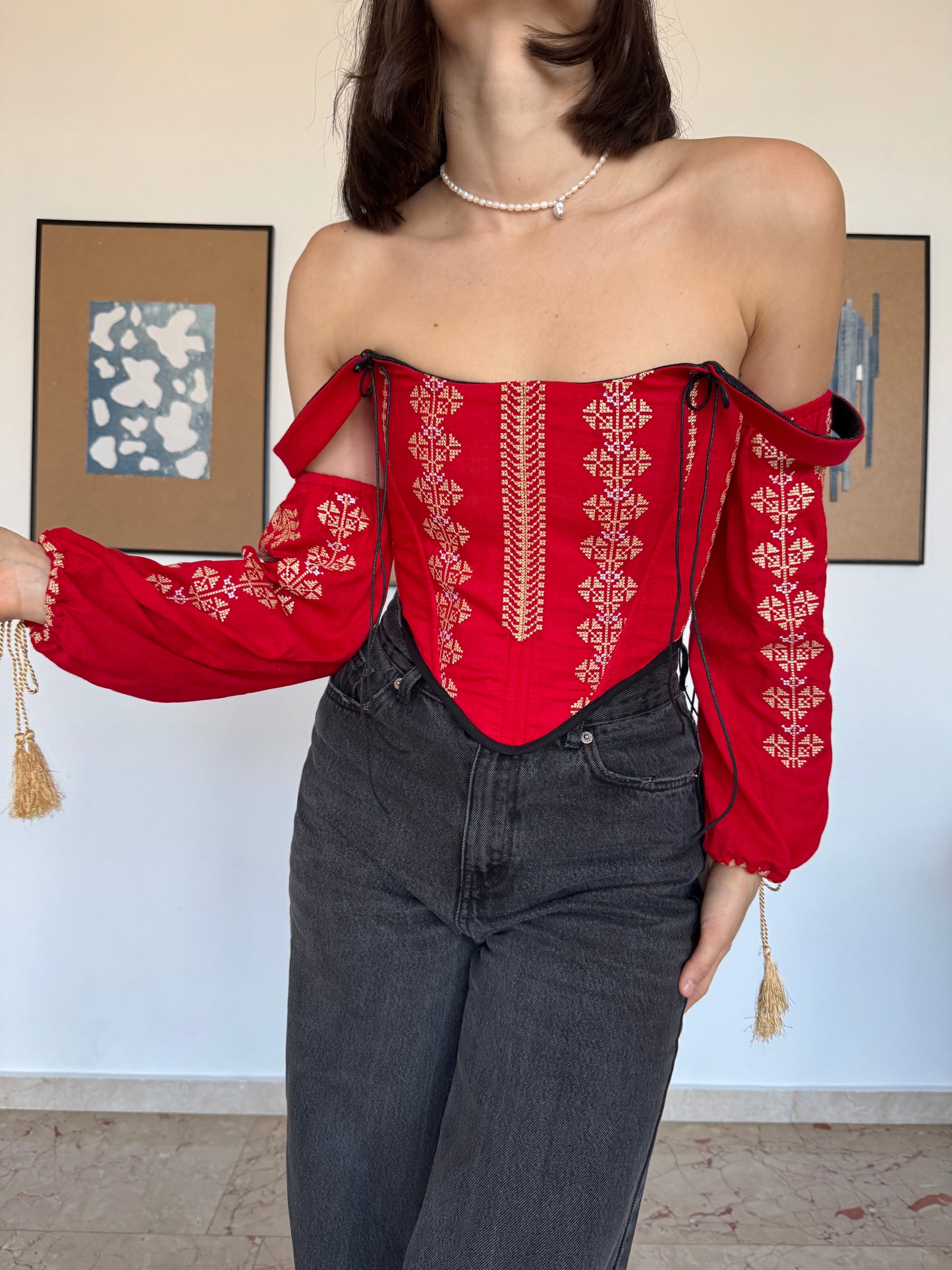 Romanian Folk Corset with geometric motifs and sleeves