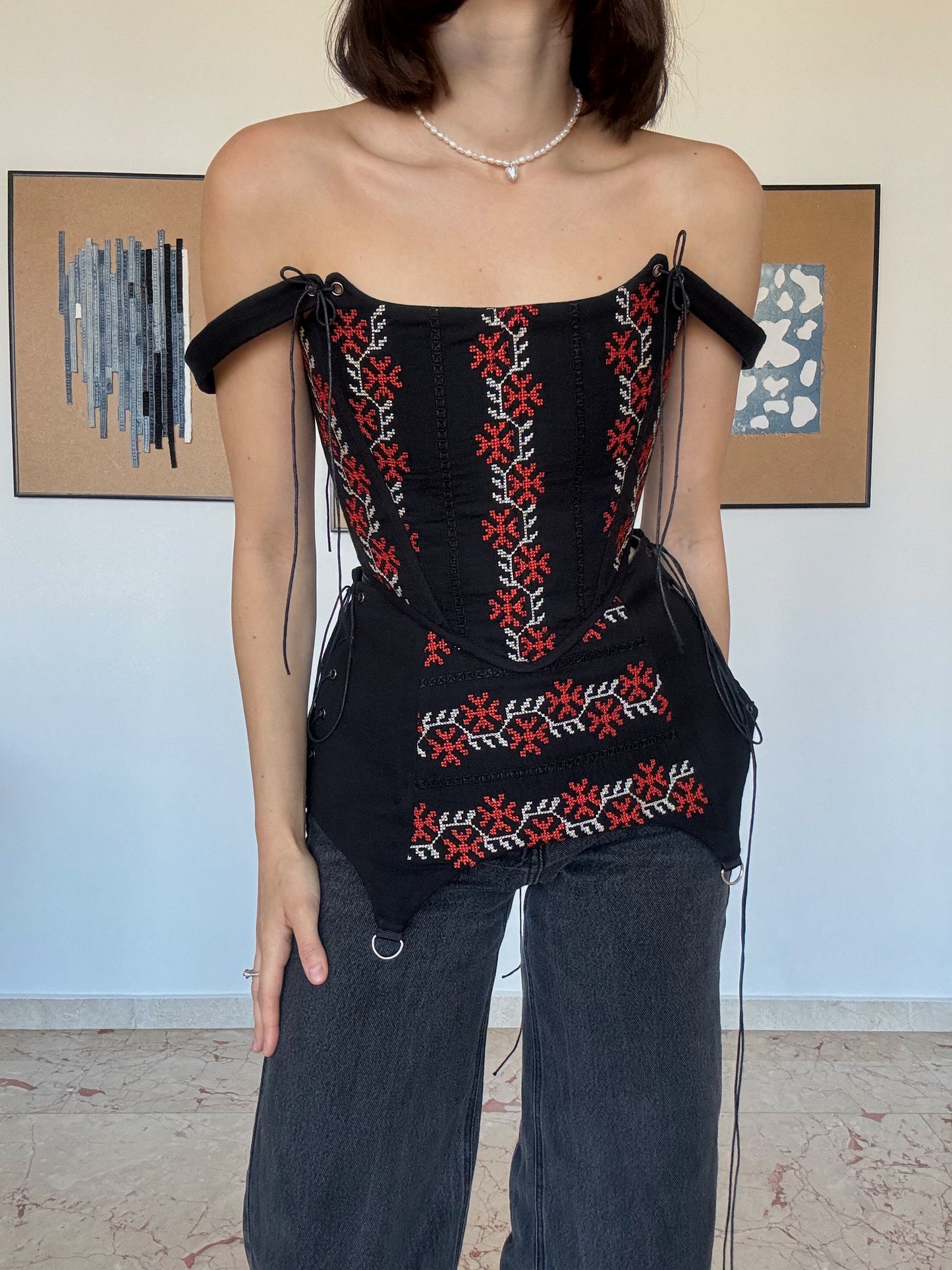Romanian Folk Corset + Corset Belt with geometric motifs