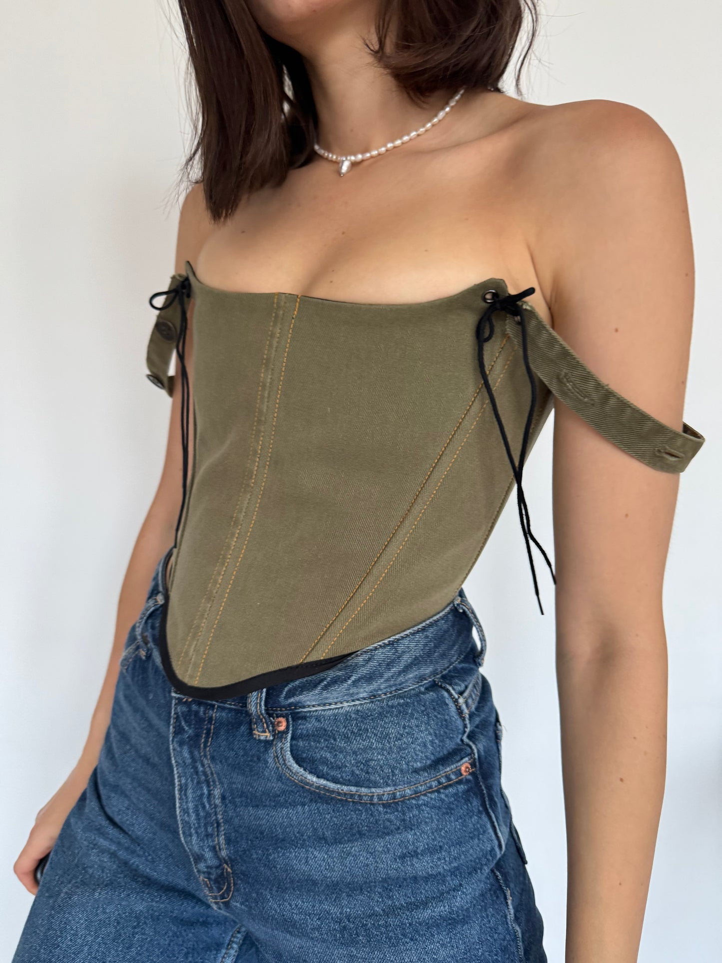 Khaki Denim Corset with Straps
