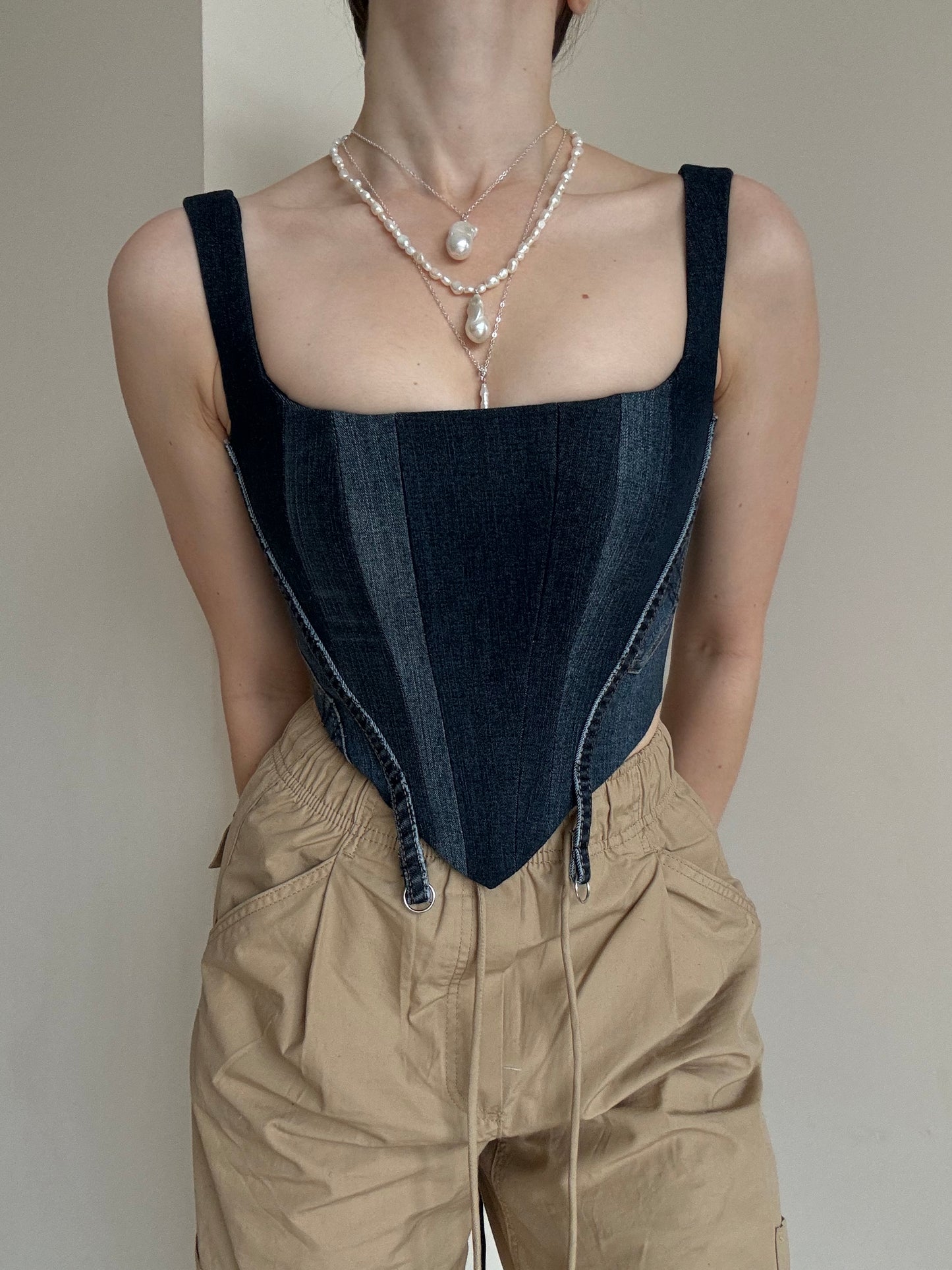 Blue Denim Corset with Adjustable Straps and Metal Details [Pre-Order]