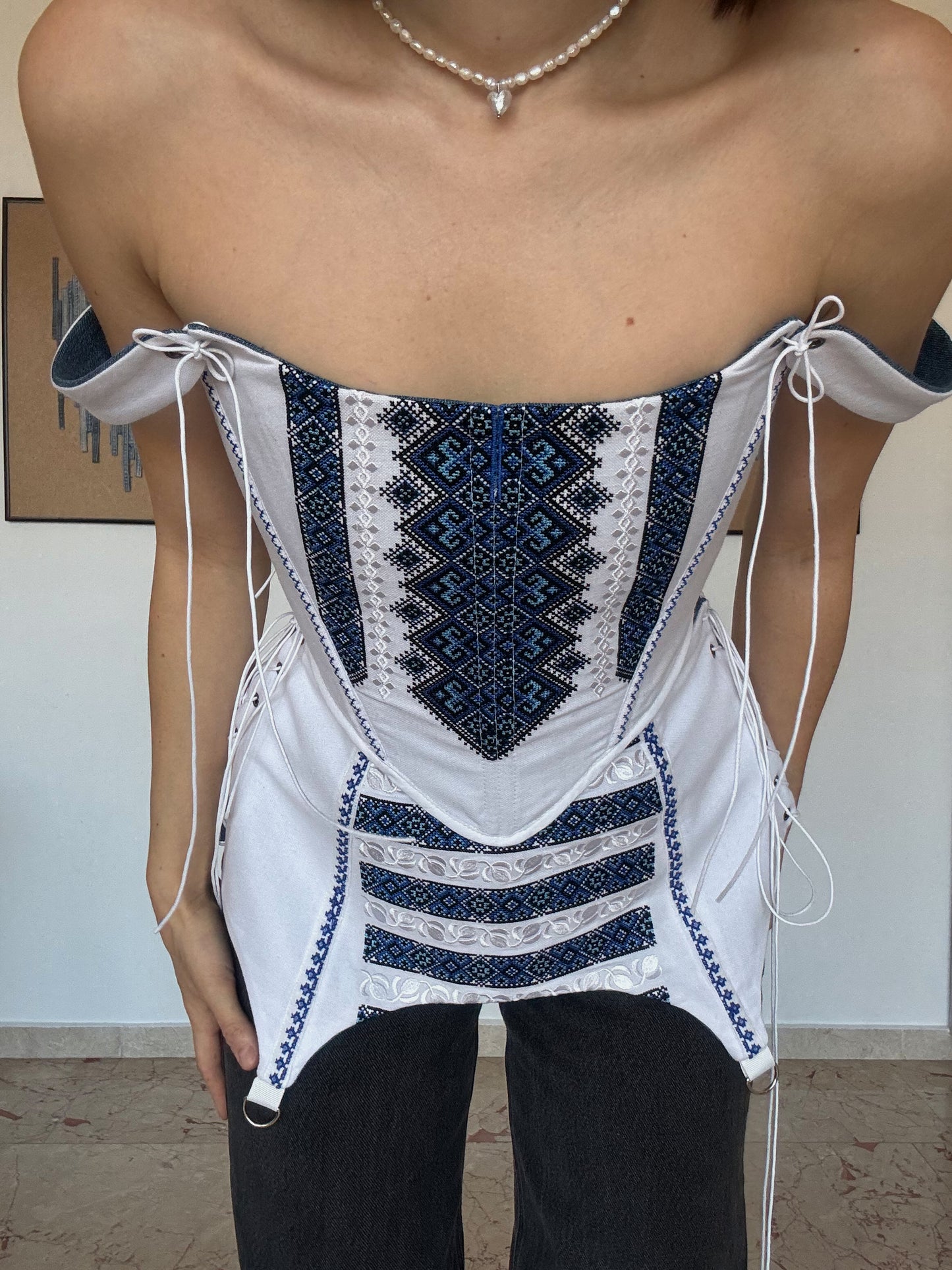 Romanian Folk Corset + Corset Belt with geometric motifs