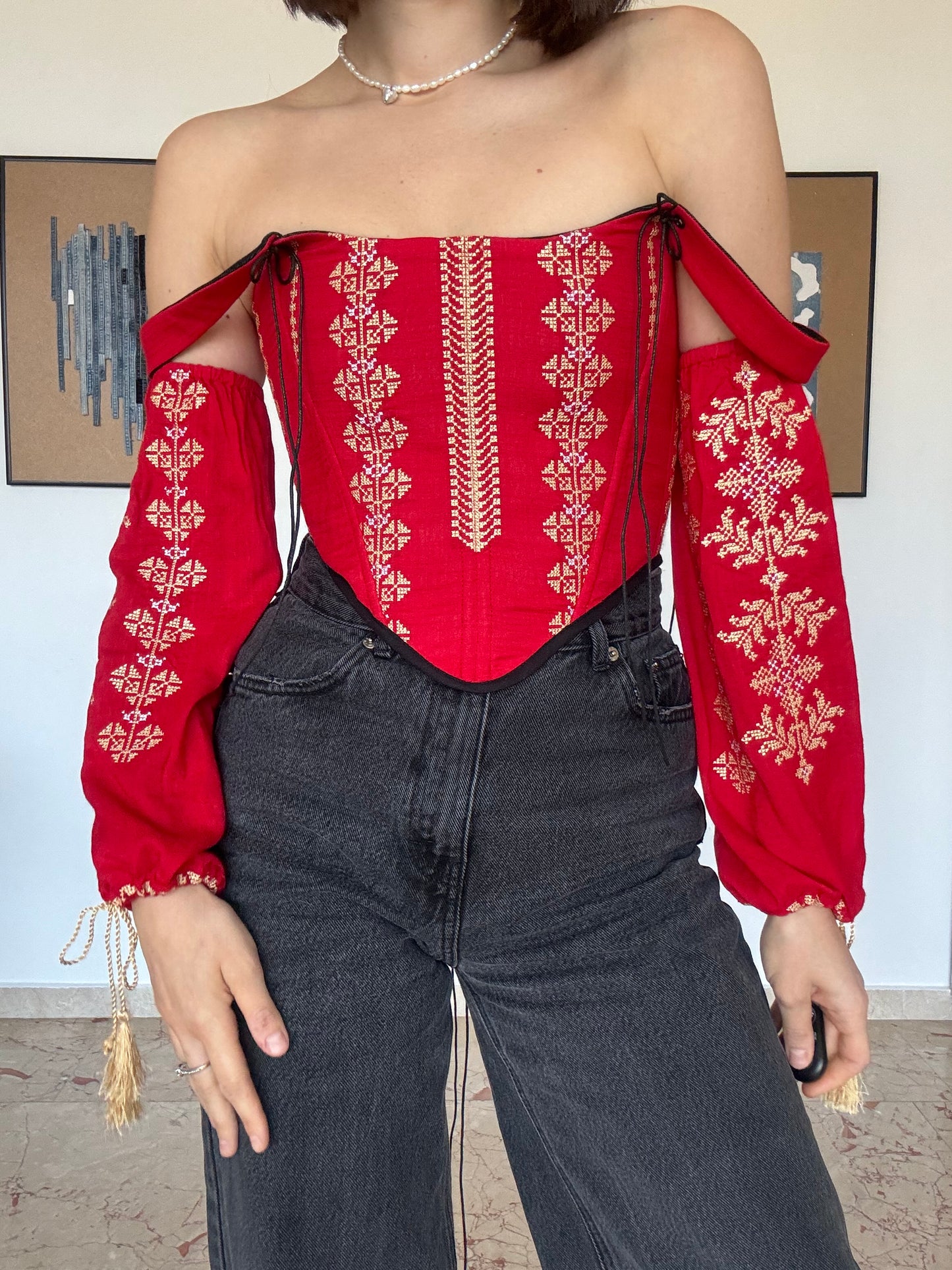 Romanian Folk Corset with geometric motifs and sleeves
