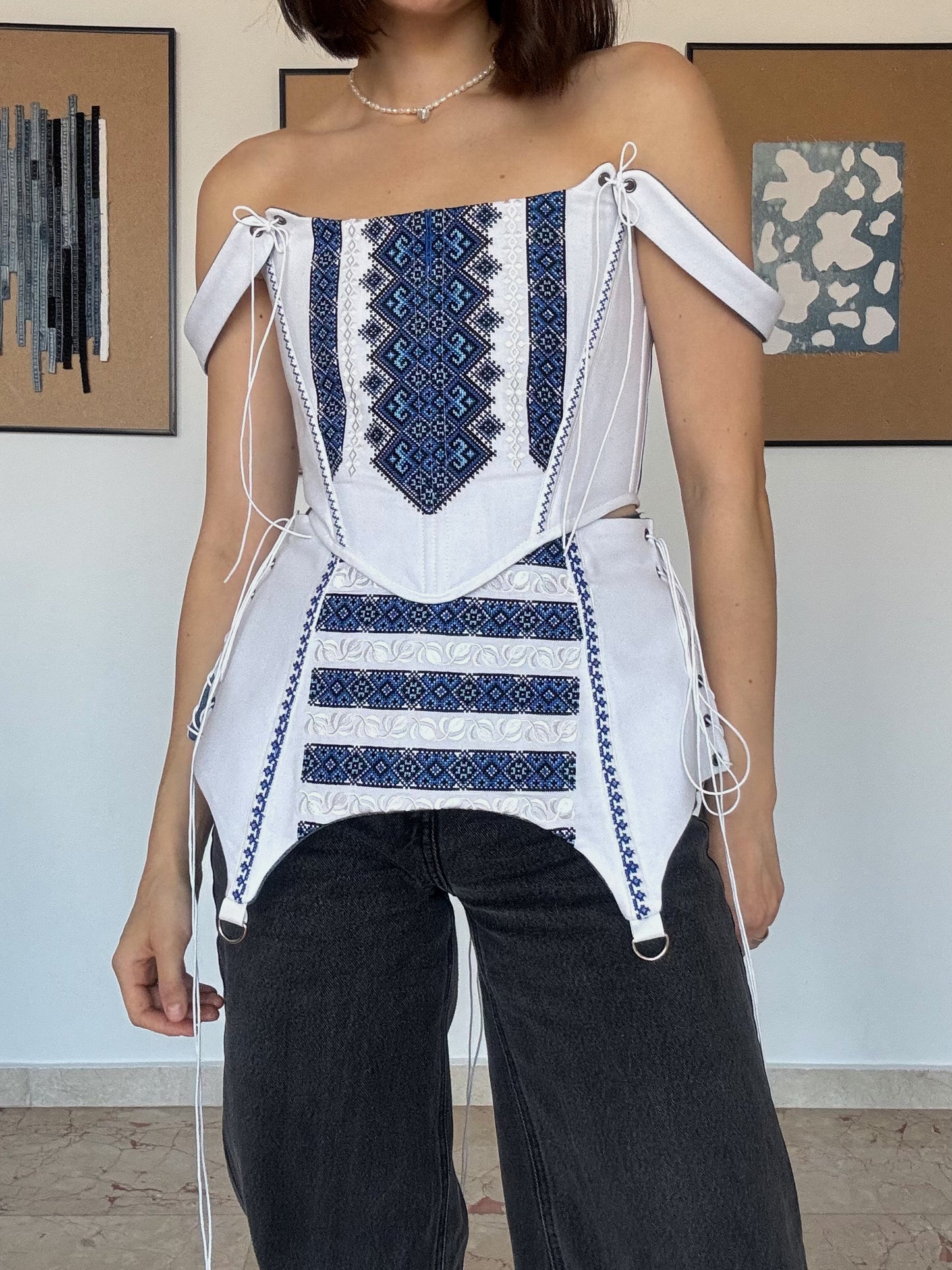 Romanian Folk Corset + Corset Belt with geometric motifs
