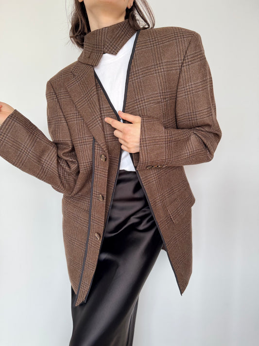 Deconstructed Brown Wool Blazer with Detachable Collar