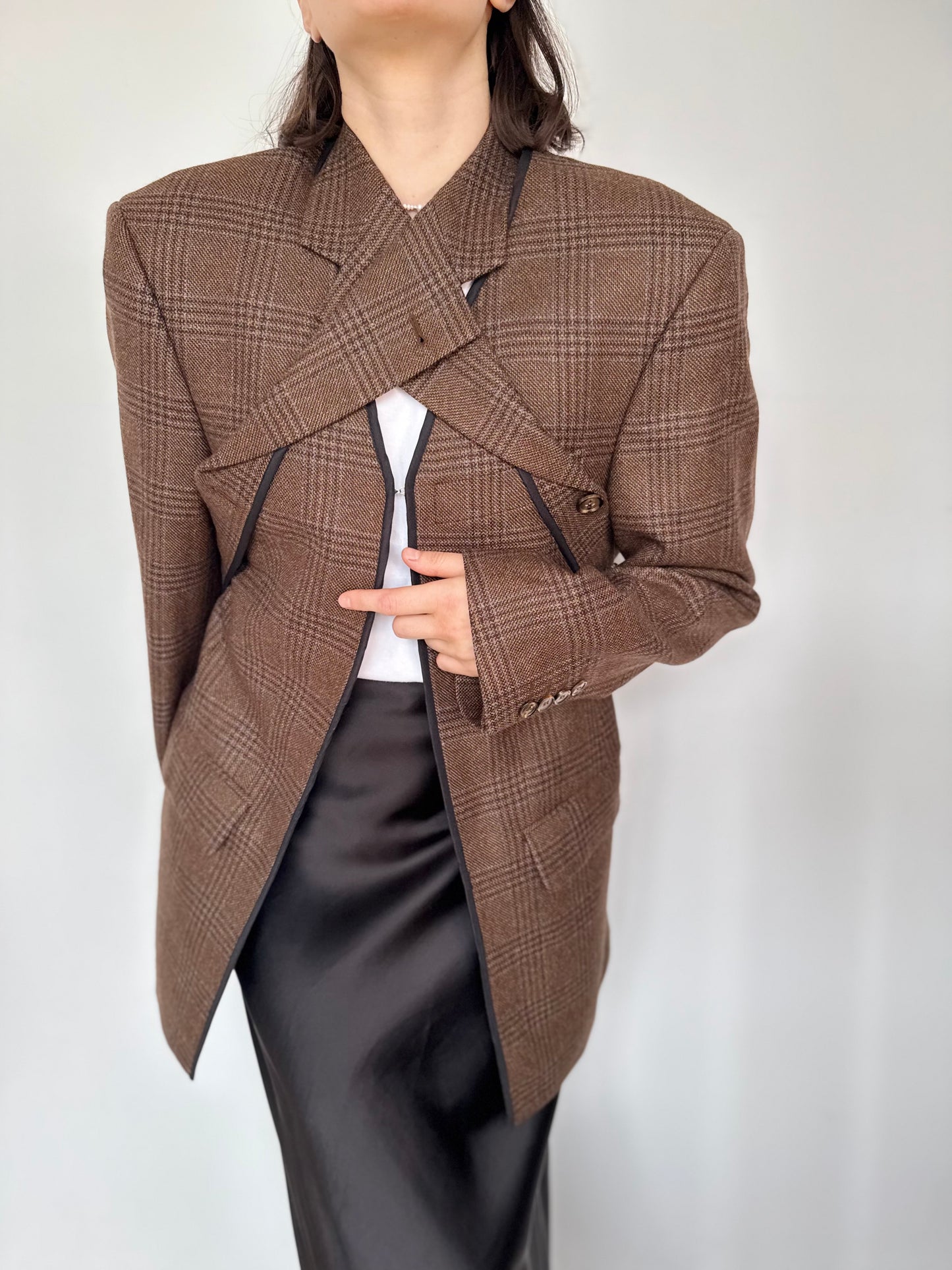 Deconstructed Brown Wool Blazer with Detachable Collar