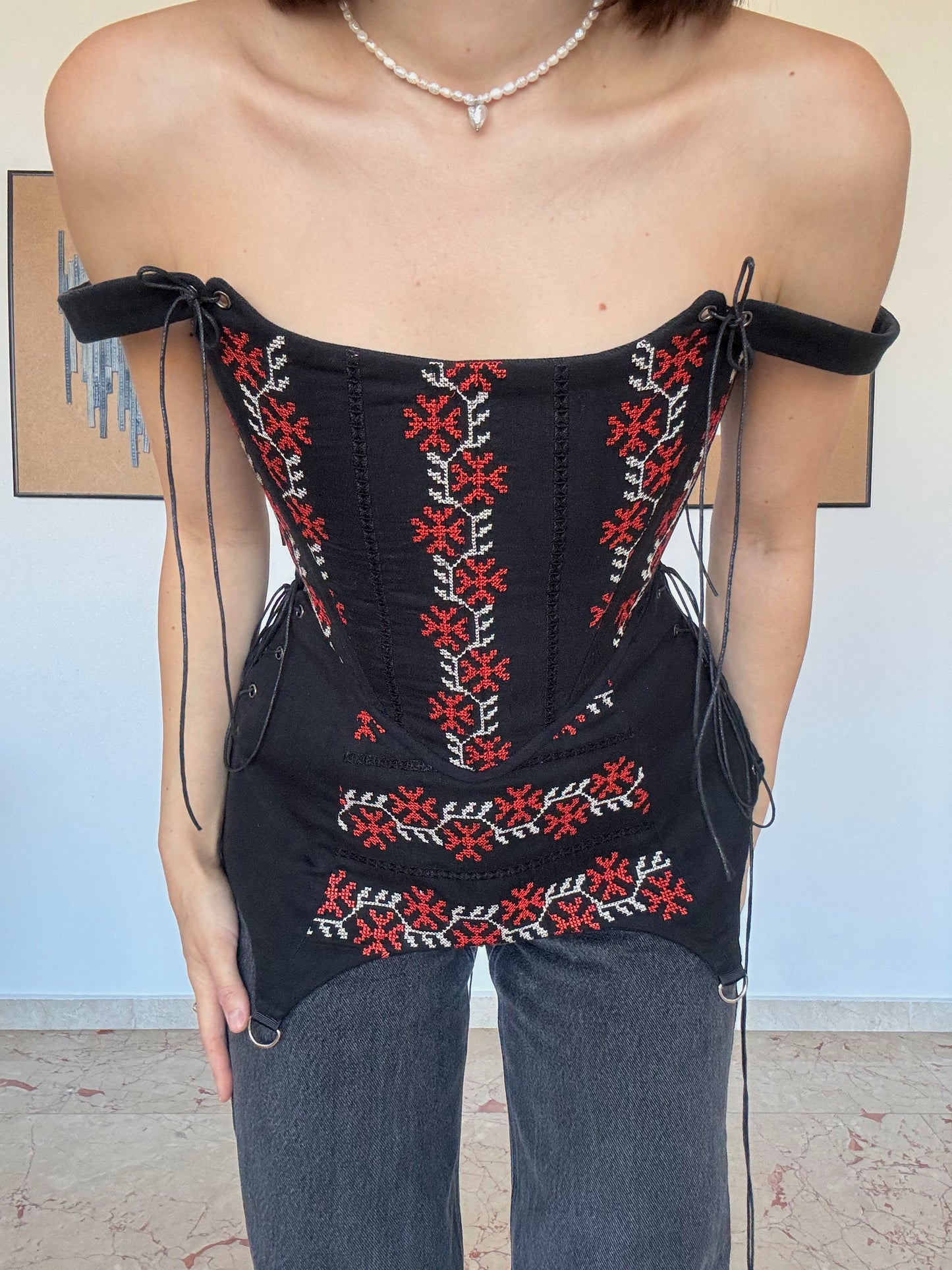 Romanian Folk Corset + Corset Belt with geometric motifs