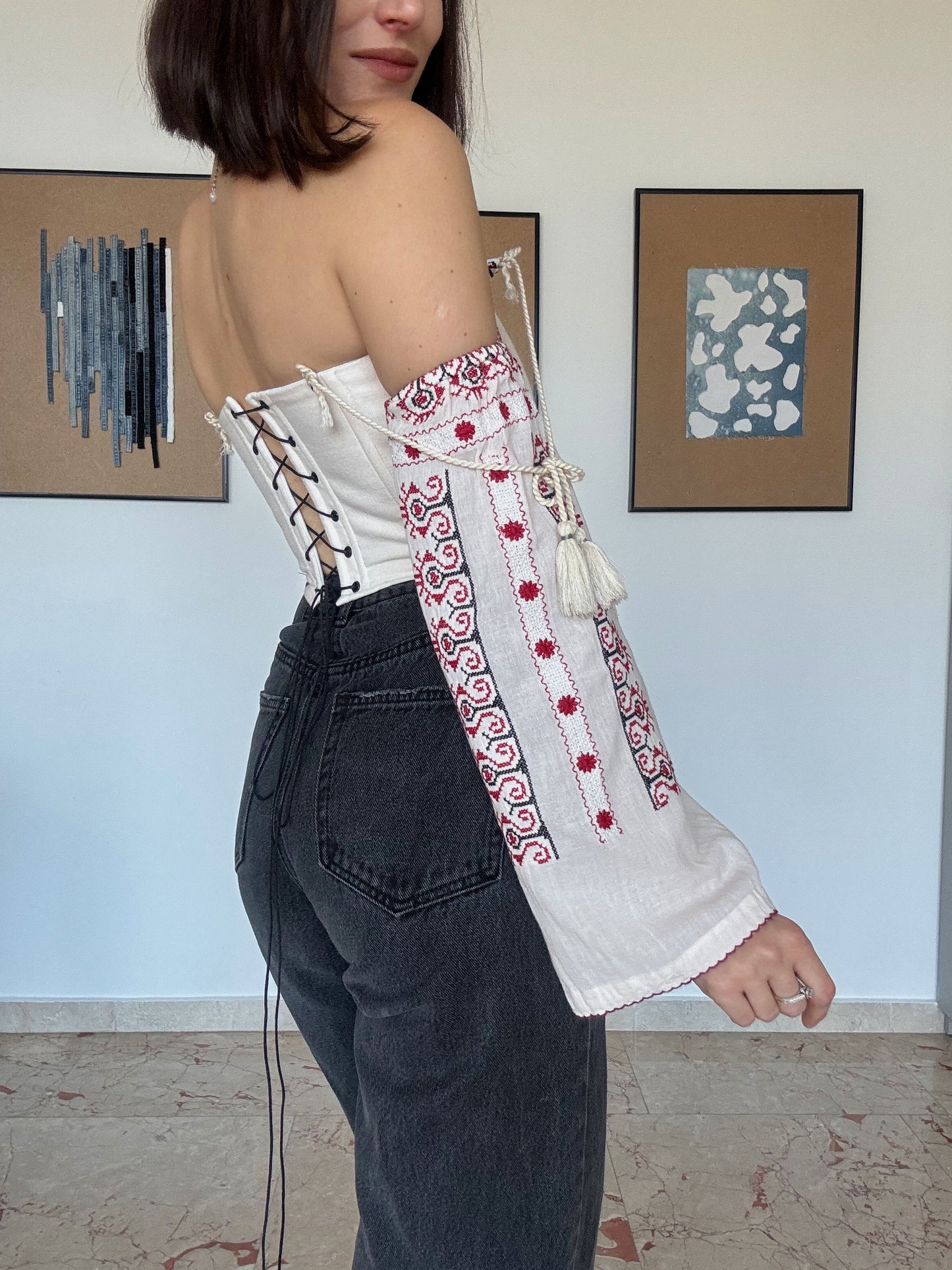 Romanian Folk Corset with geometric motifs and sleeves