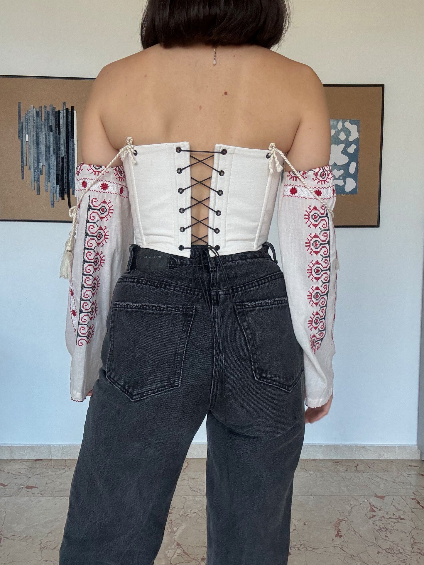 Romanian Folk Corset with geometric motifs and sleeves