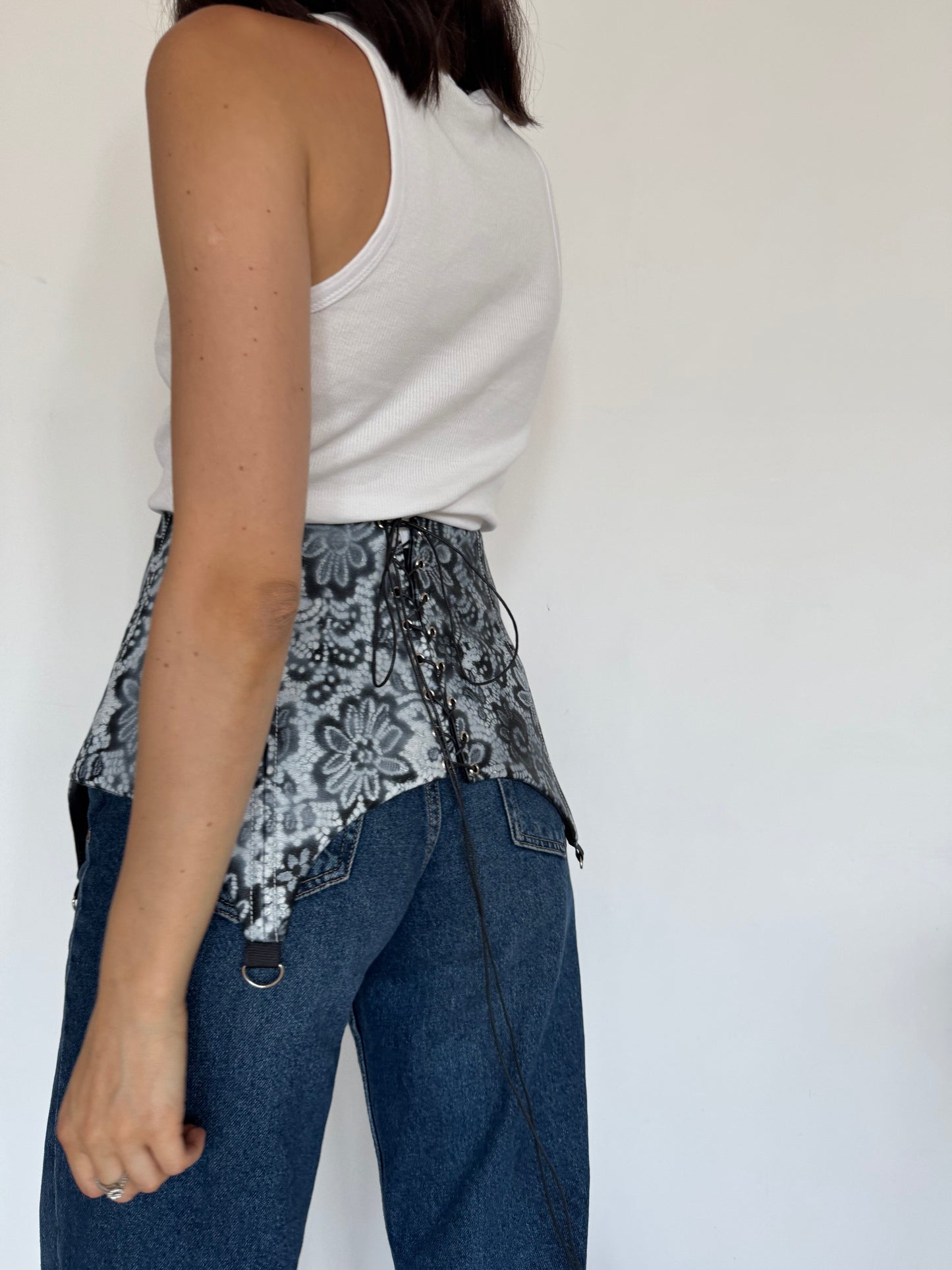 Black Genuine Leather Floral Corset Belt