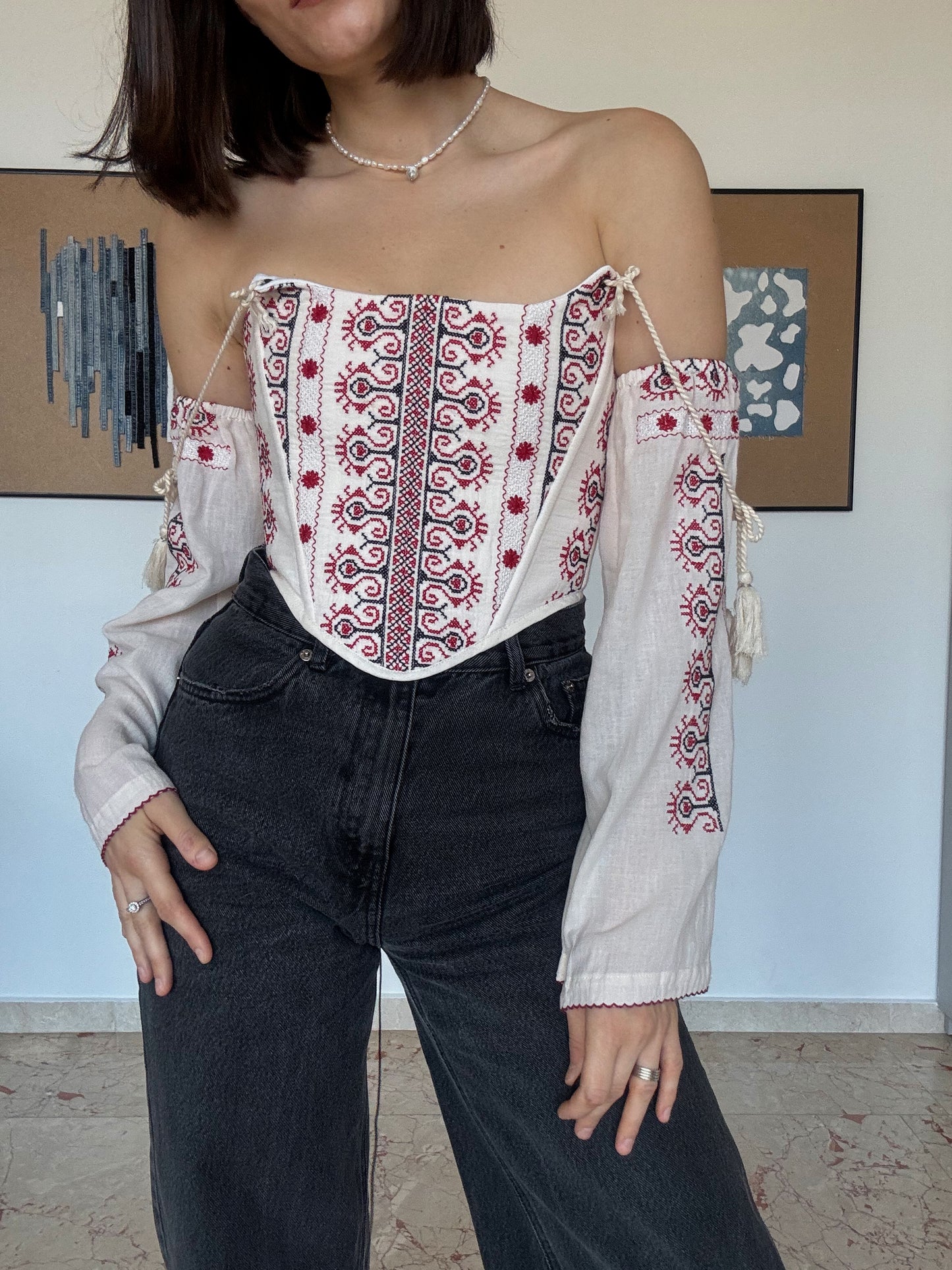 Romanian Folk Corset with geometric motifs and sleeves