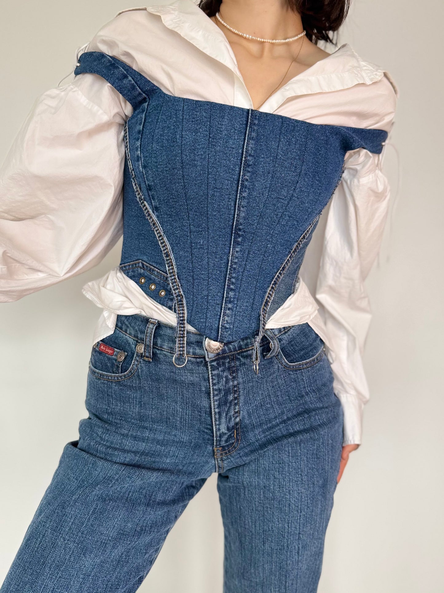 Blue Denim Corset with Adjustable Straps and Metal Details [Pre-Order]