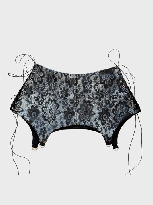 Black Genuine Leather Floral Corset Belt