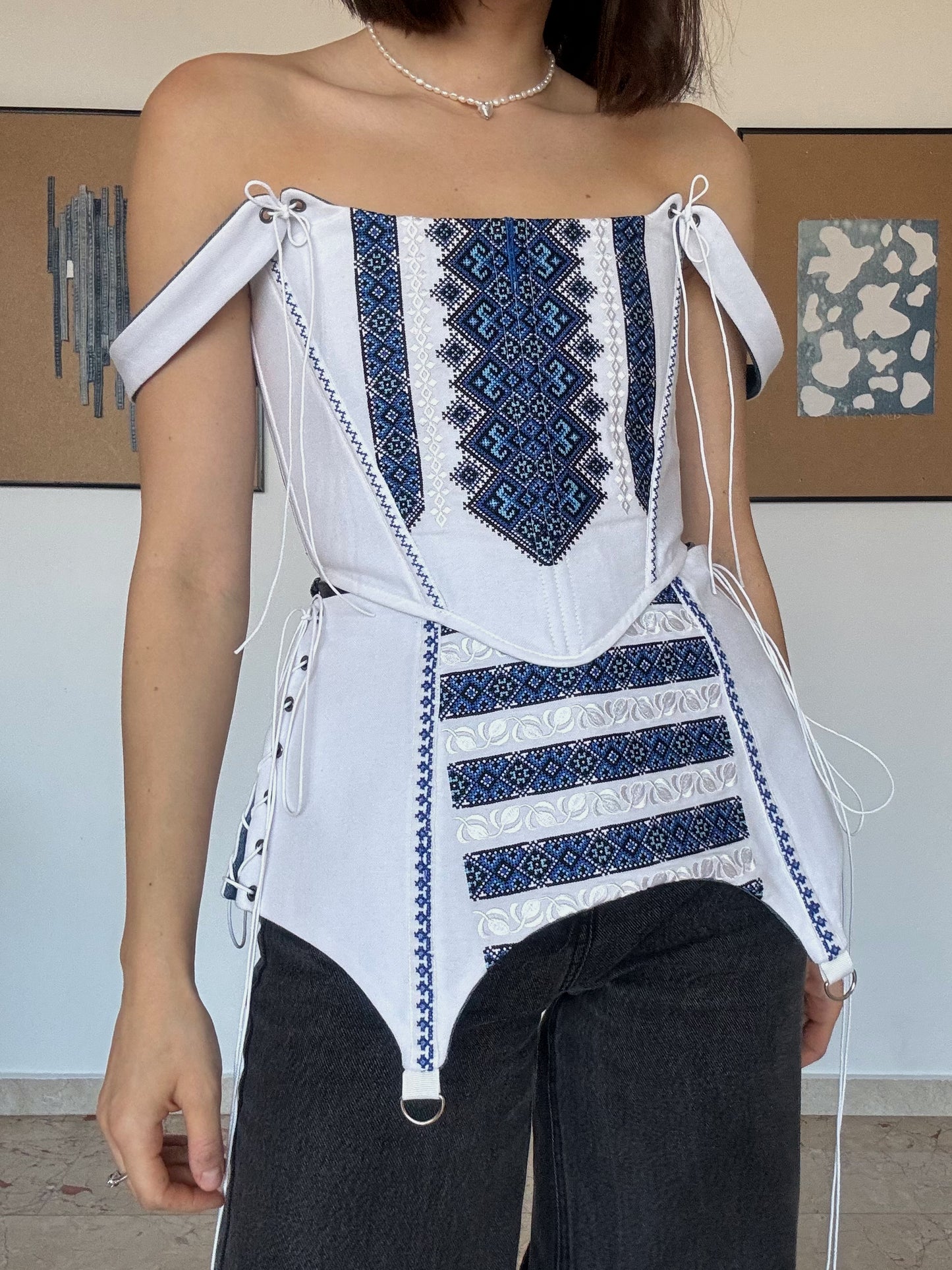 Romanian Folk Corset + Corset Belt with geometric motifs