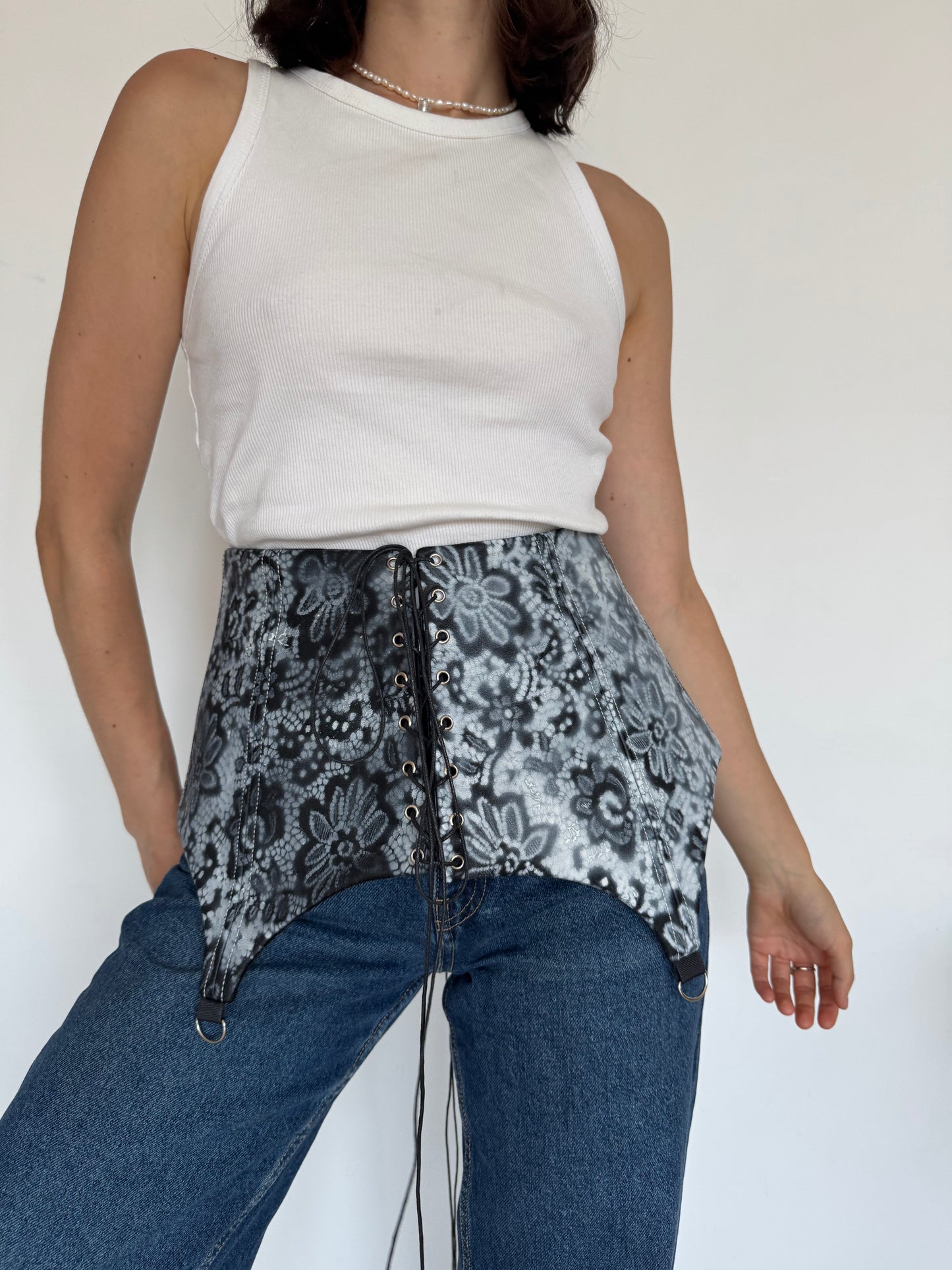 Black Genuine Leather Floral Corset Belt