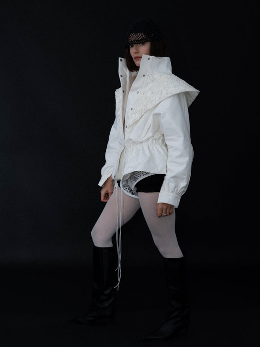 Bomber jacket with crocheted lace collar [Pre-Order]