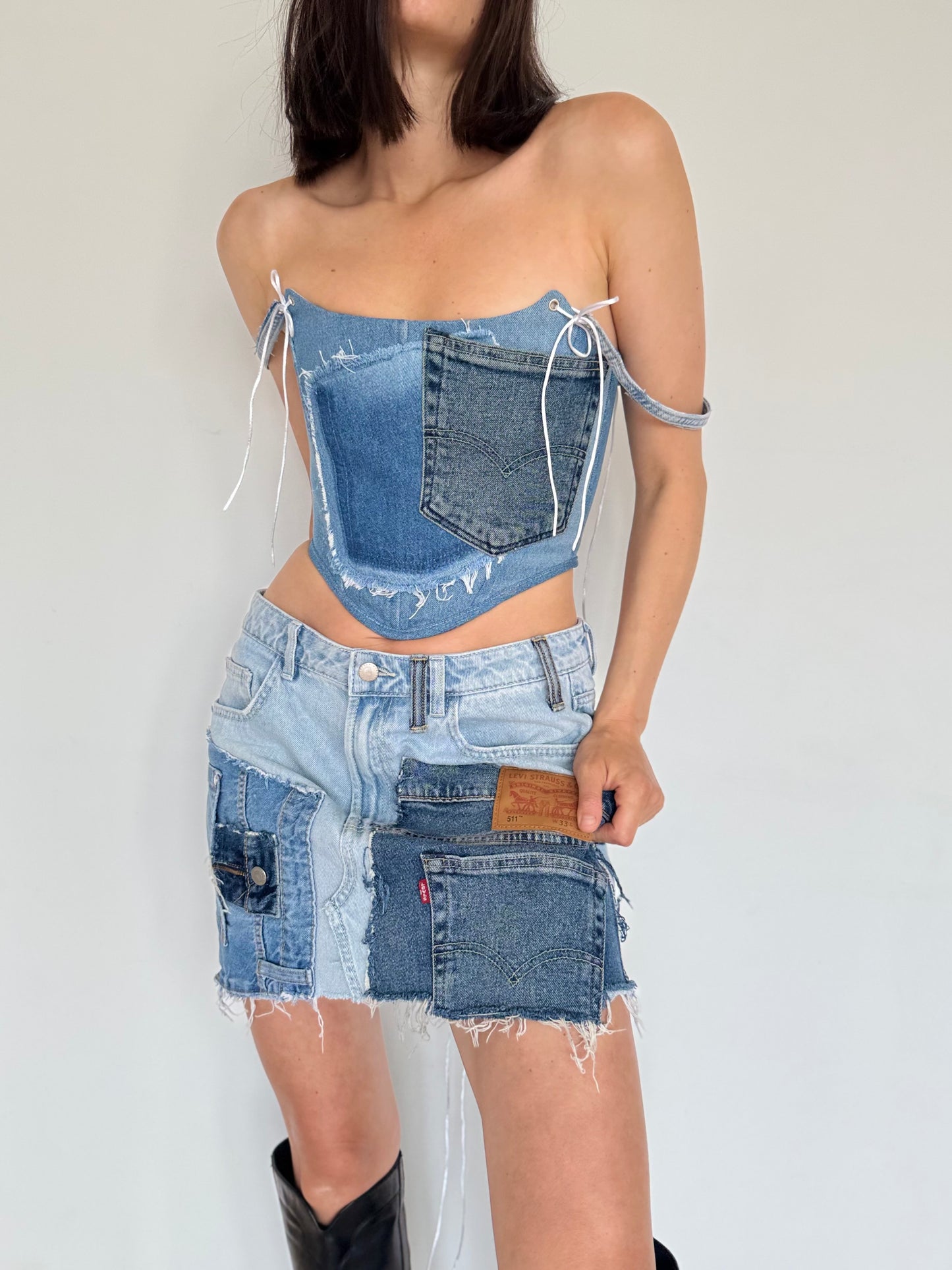 Blue Denim Corset with Front Pocket [Pre-Order]
