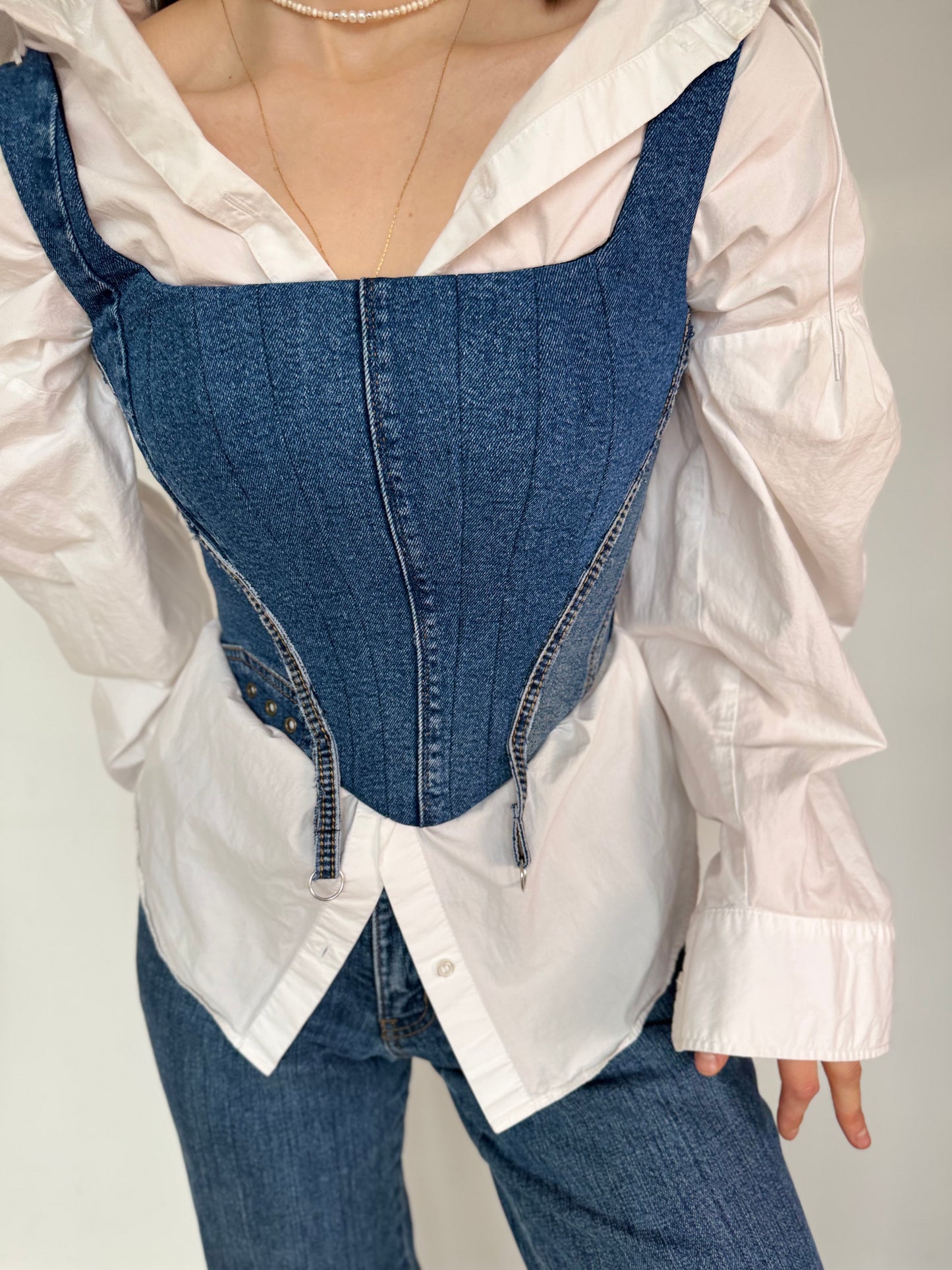 Blue Denim Corset with Adjustable Straps and Metal Details [Pre-Order]