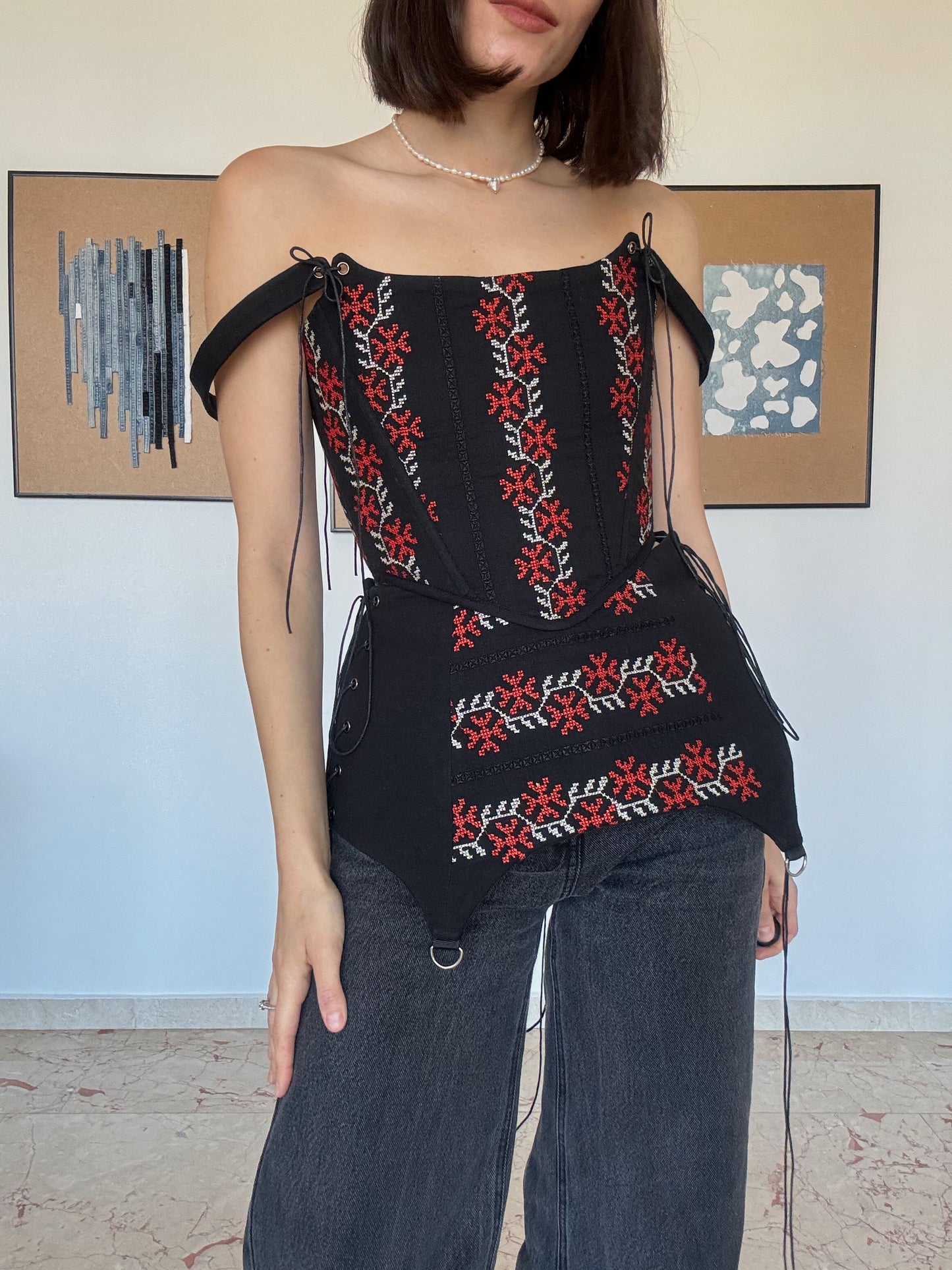 Romanian Folk Corset + Corset Belt with geometric motifs