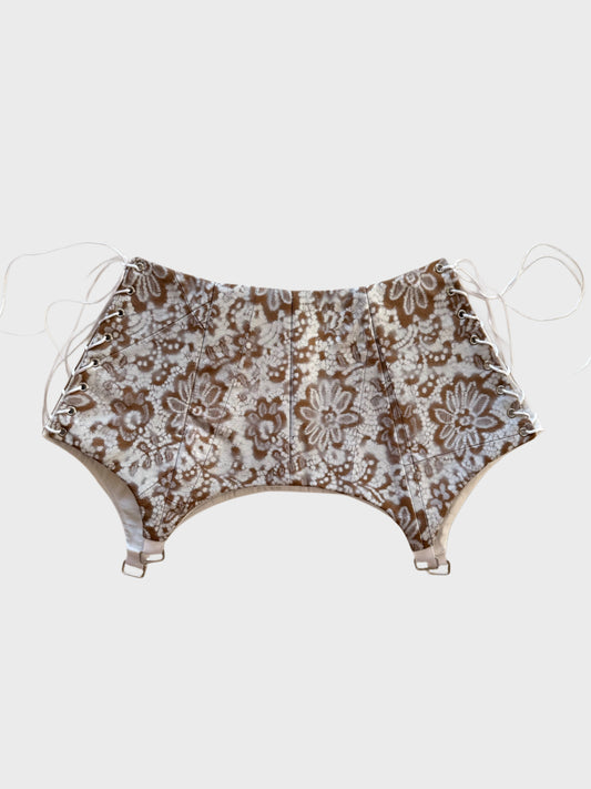 Beige Genuine Leather Floral Corset Belt