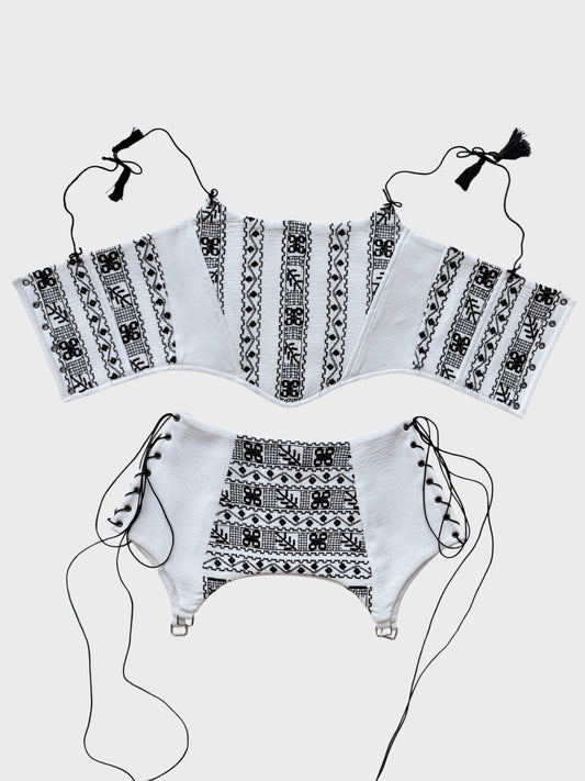 Romanian Folk Corset + Corset Belt with geometric motifs