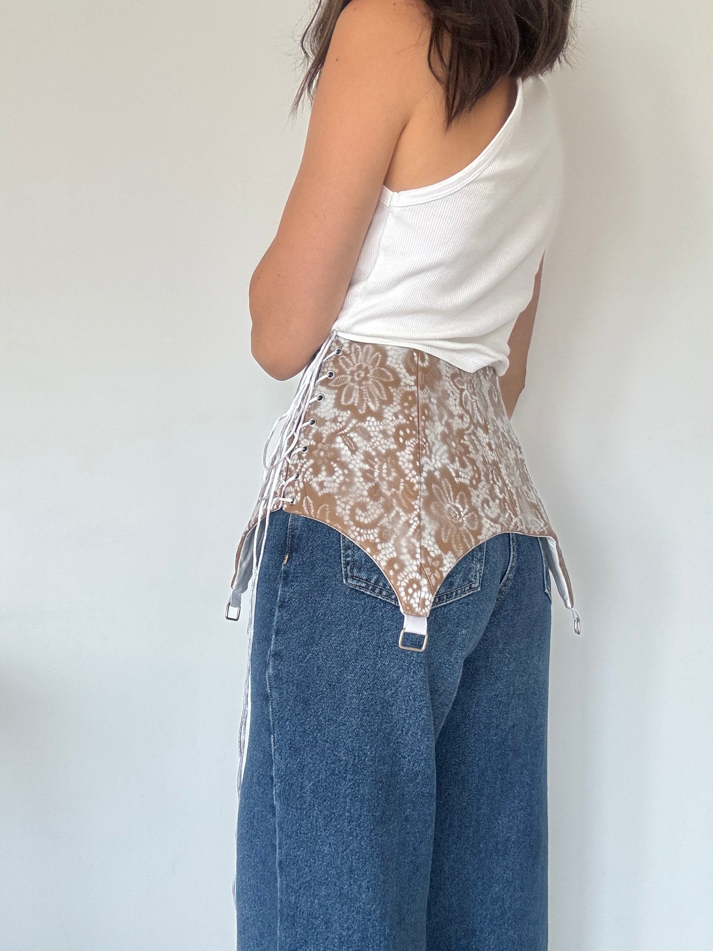 Beige Genuine Leather Floral Corset Belt