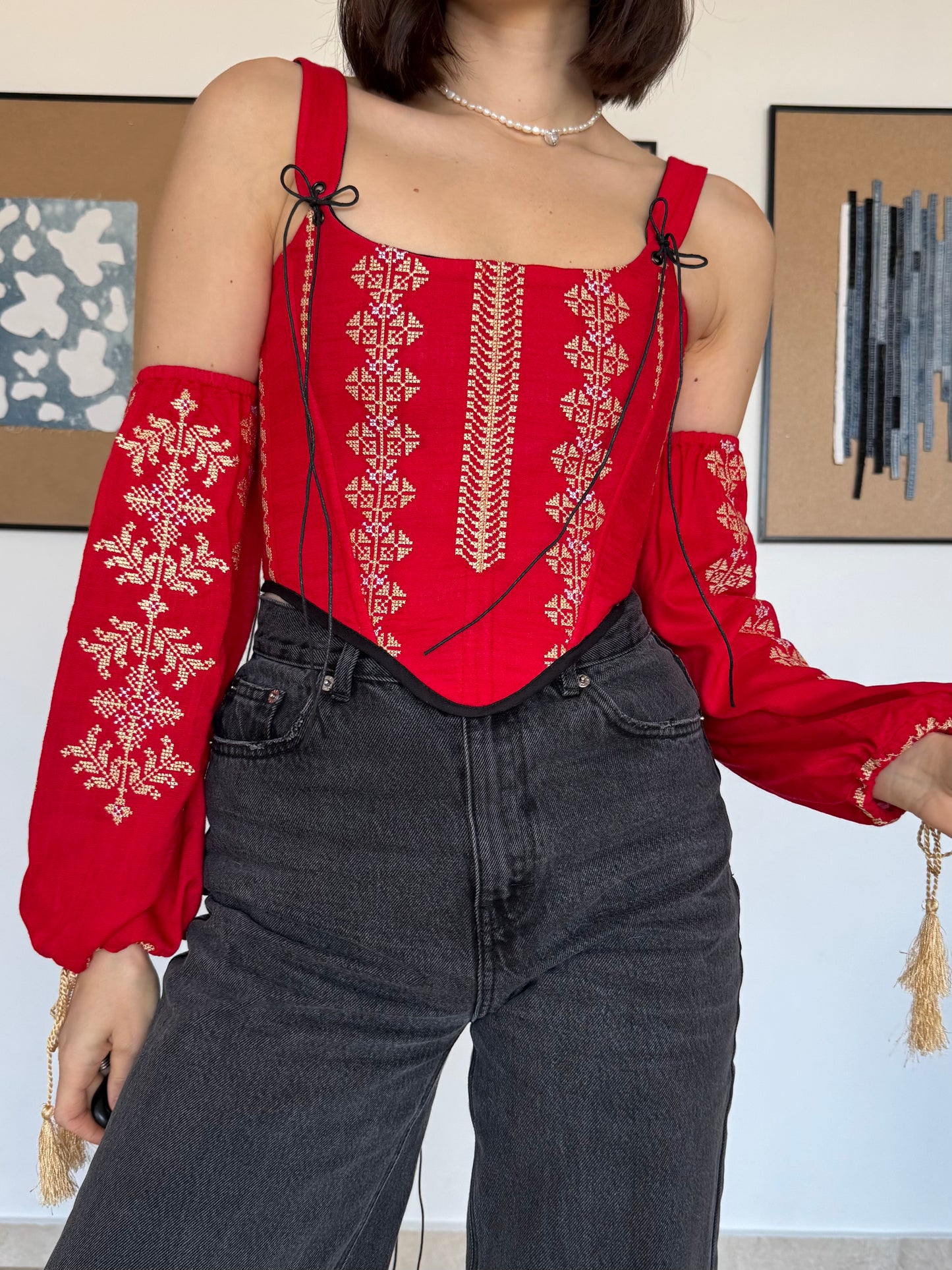 Romanian Folk Corset with geometric motifs and sleeves