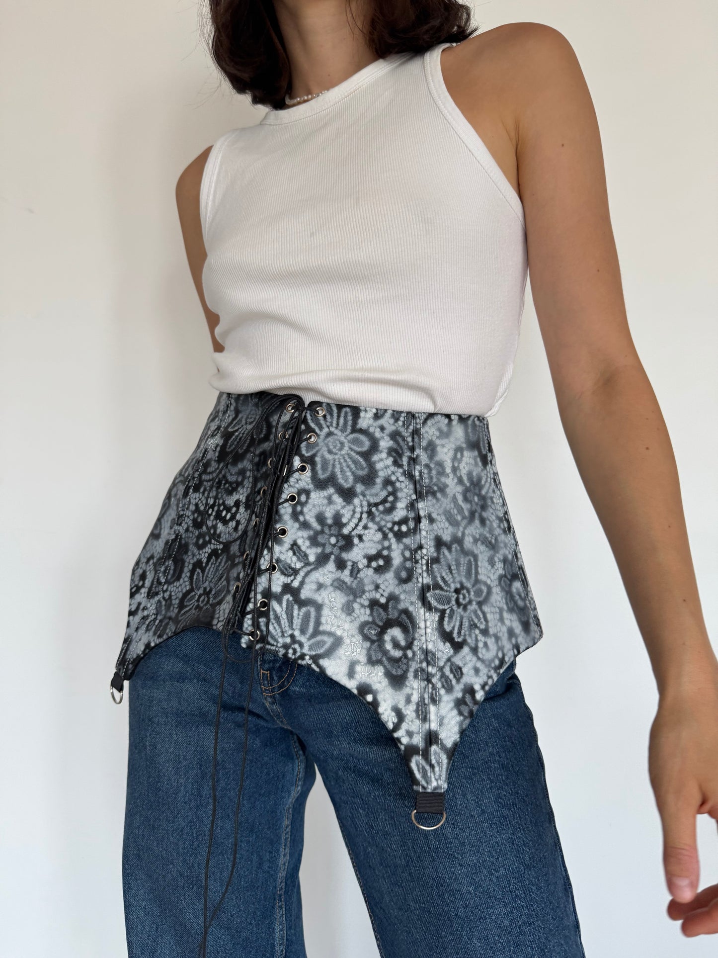 Black Genuine Leather Floral Corset Belt