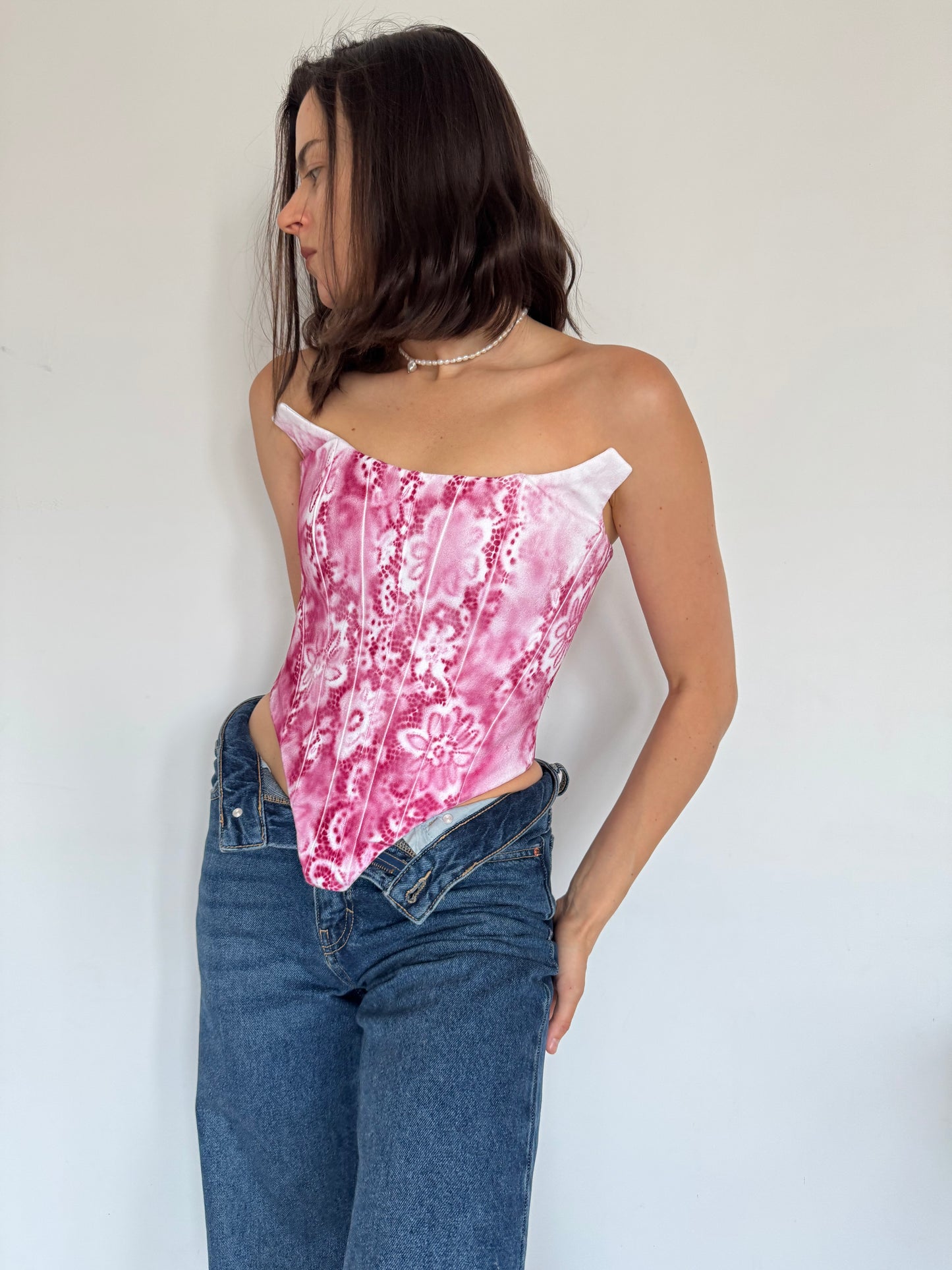 Pink Floral Denim Corset