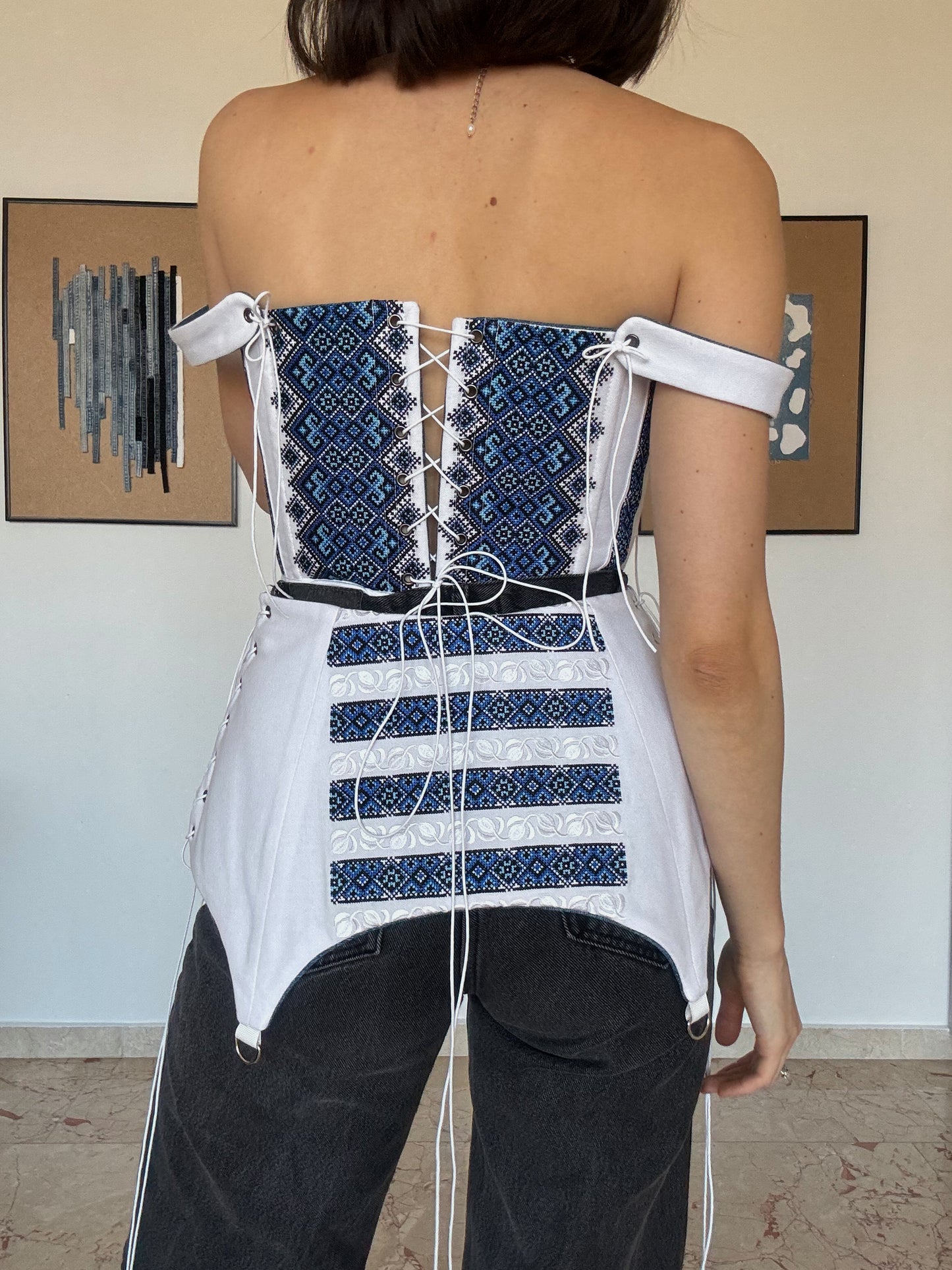 Romanian Folk Corset + Corset Belt with geometric motifs