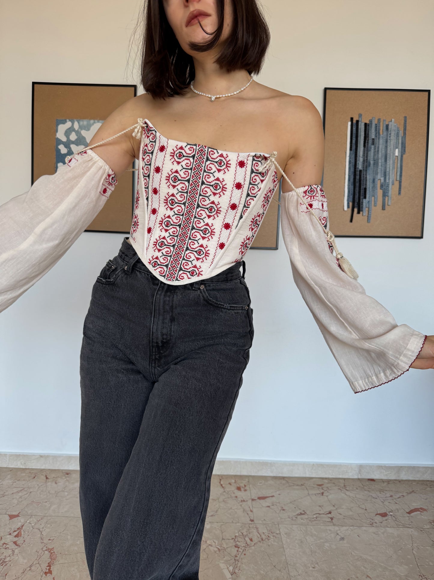 Romanian Folk Corset with geometric motifs and sleeves