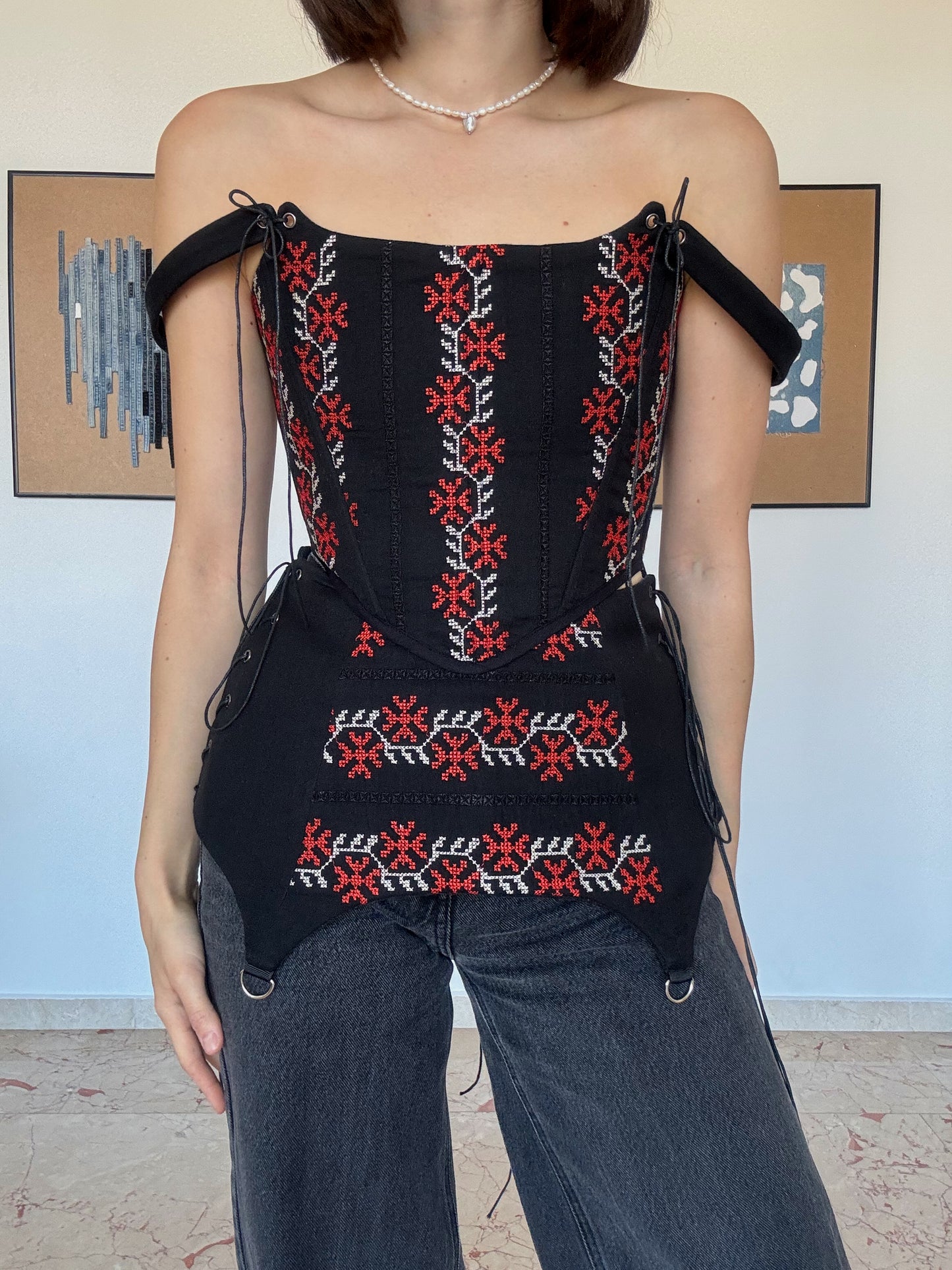 Romanian Folk Corset + Corset Belt with geometric motifs