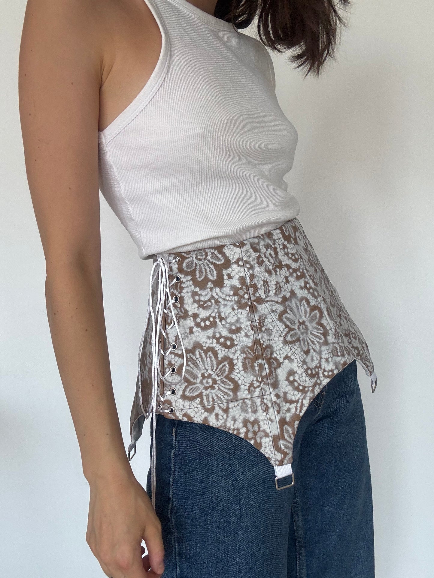 Beige Genuine Leather Floral Corset Belt