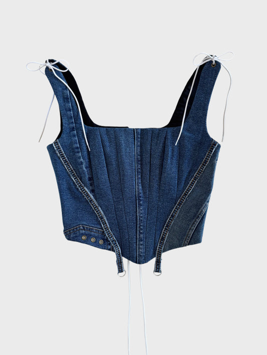 Blue Denim Corset with Adjustable Straps and Metal Details [Pre-Order]