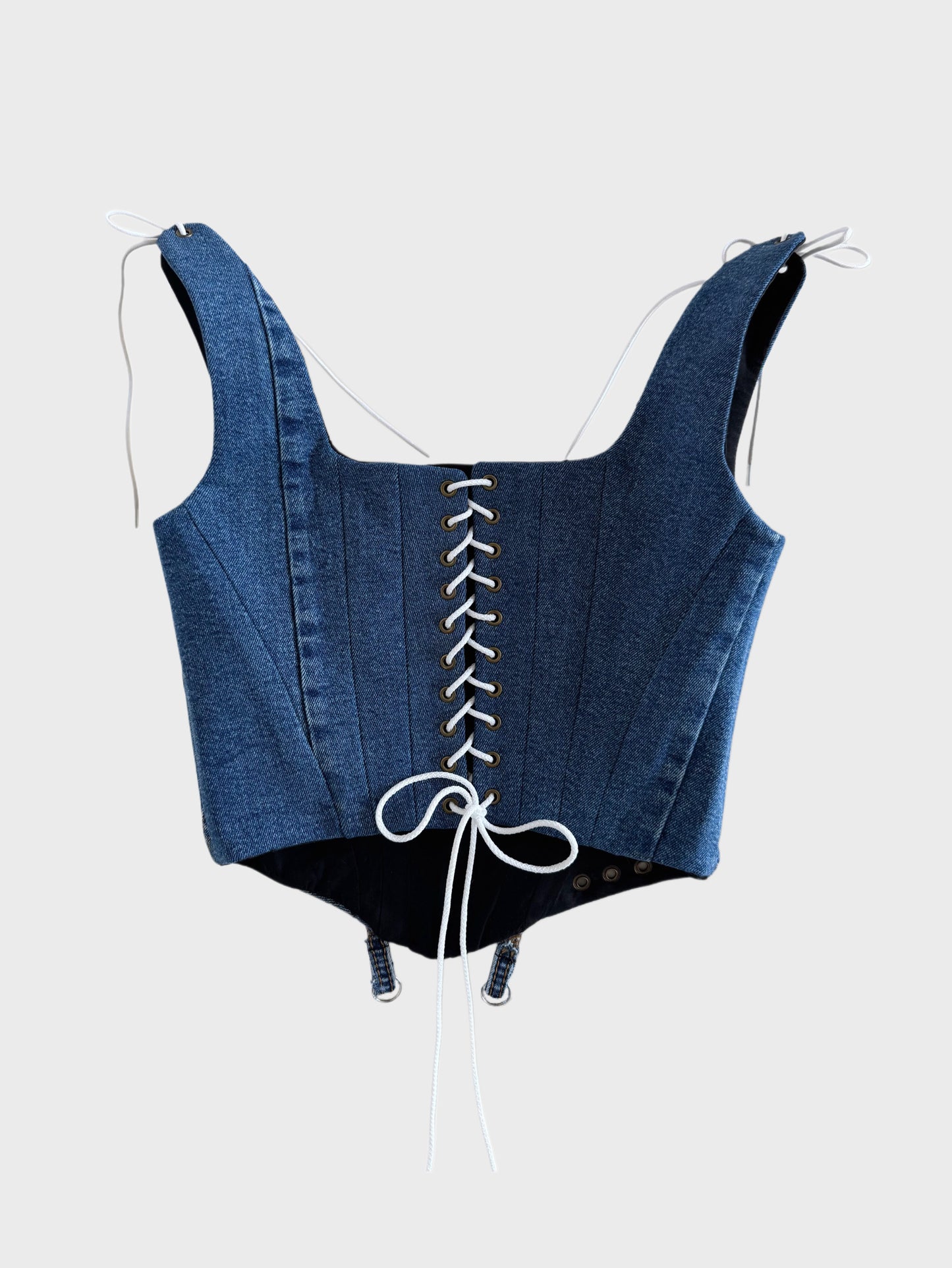 Blue Denim Corset with Adjustable Straps and Metal Details [Pre-Order]