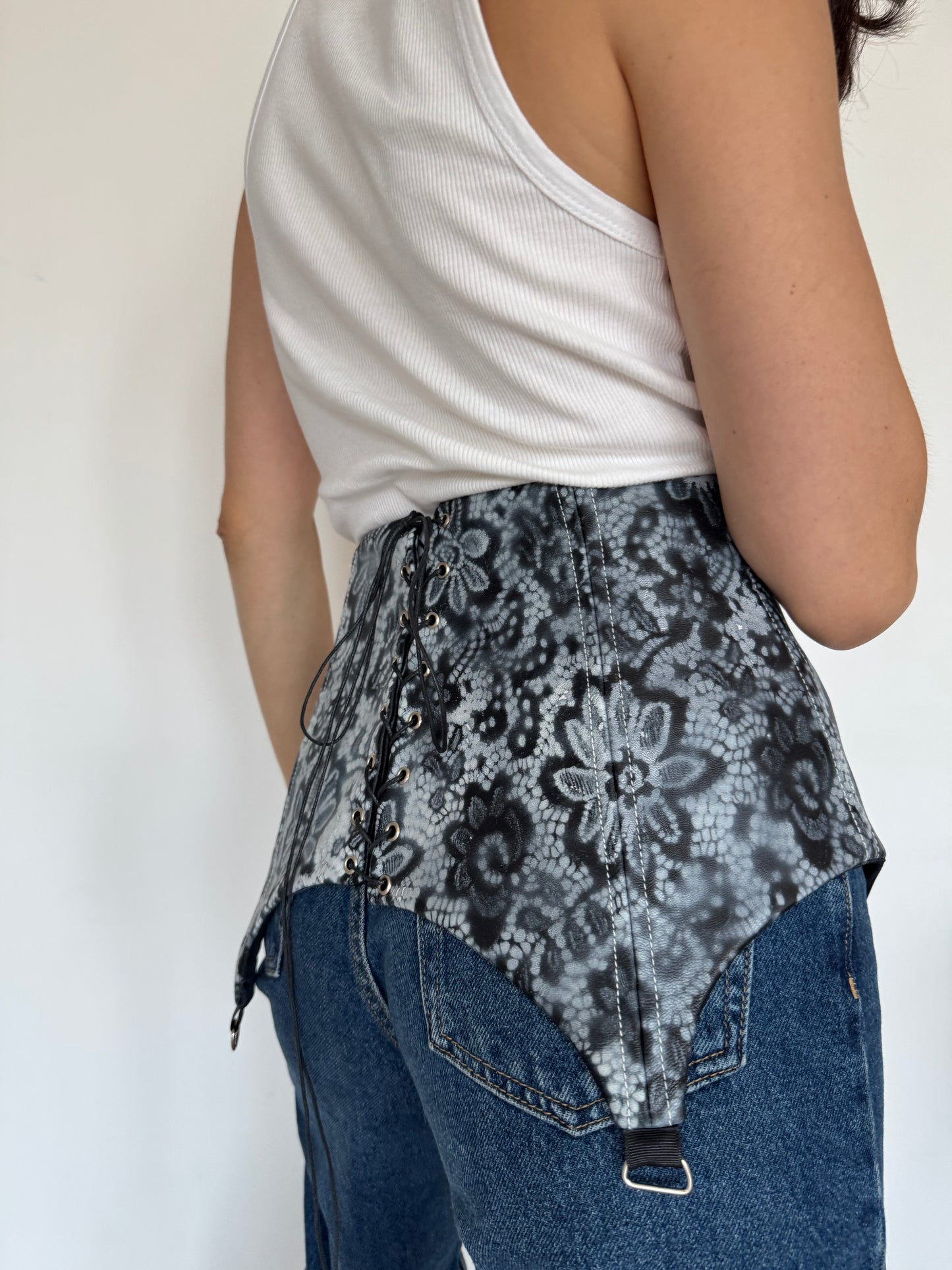 Black Genuine Leather Floral Corset Belt