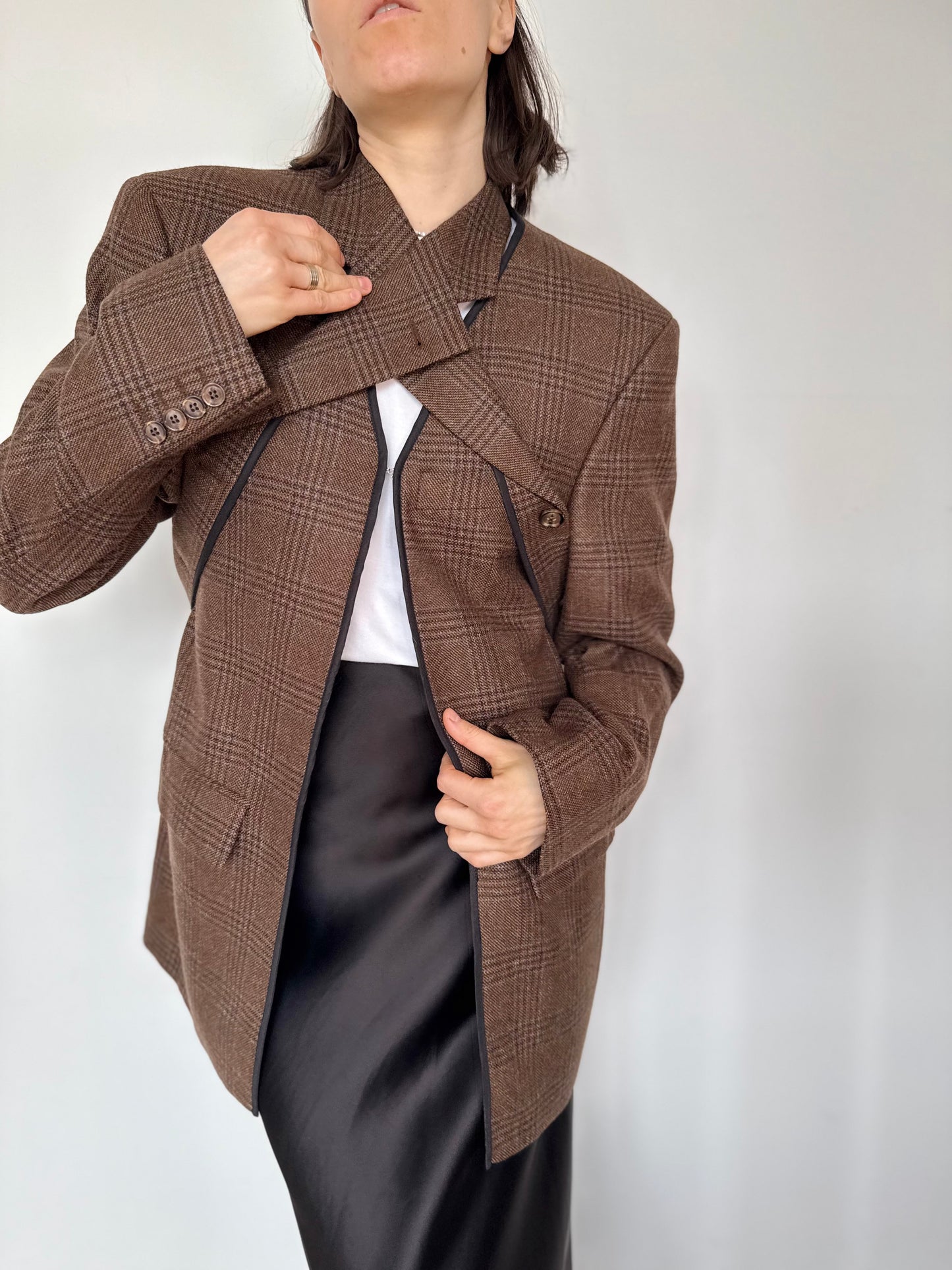 Deconstructed Brown Wool Blazer with Detachable Collar