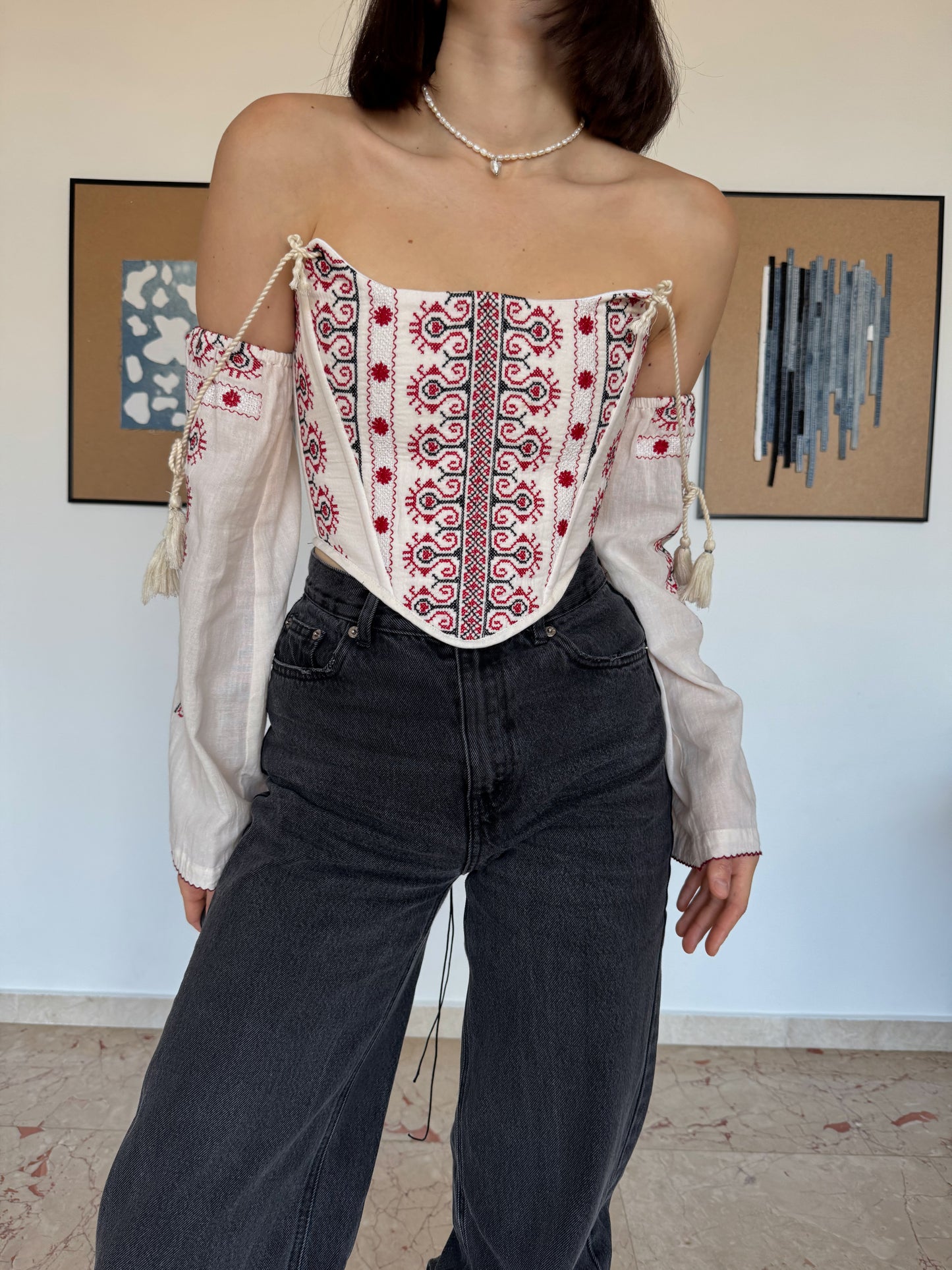 Romanian Folk Corset with geometric motifs and sleeves