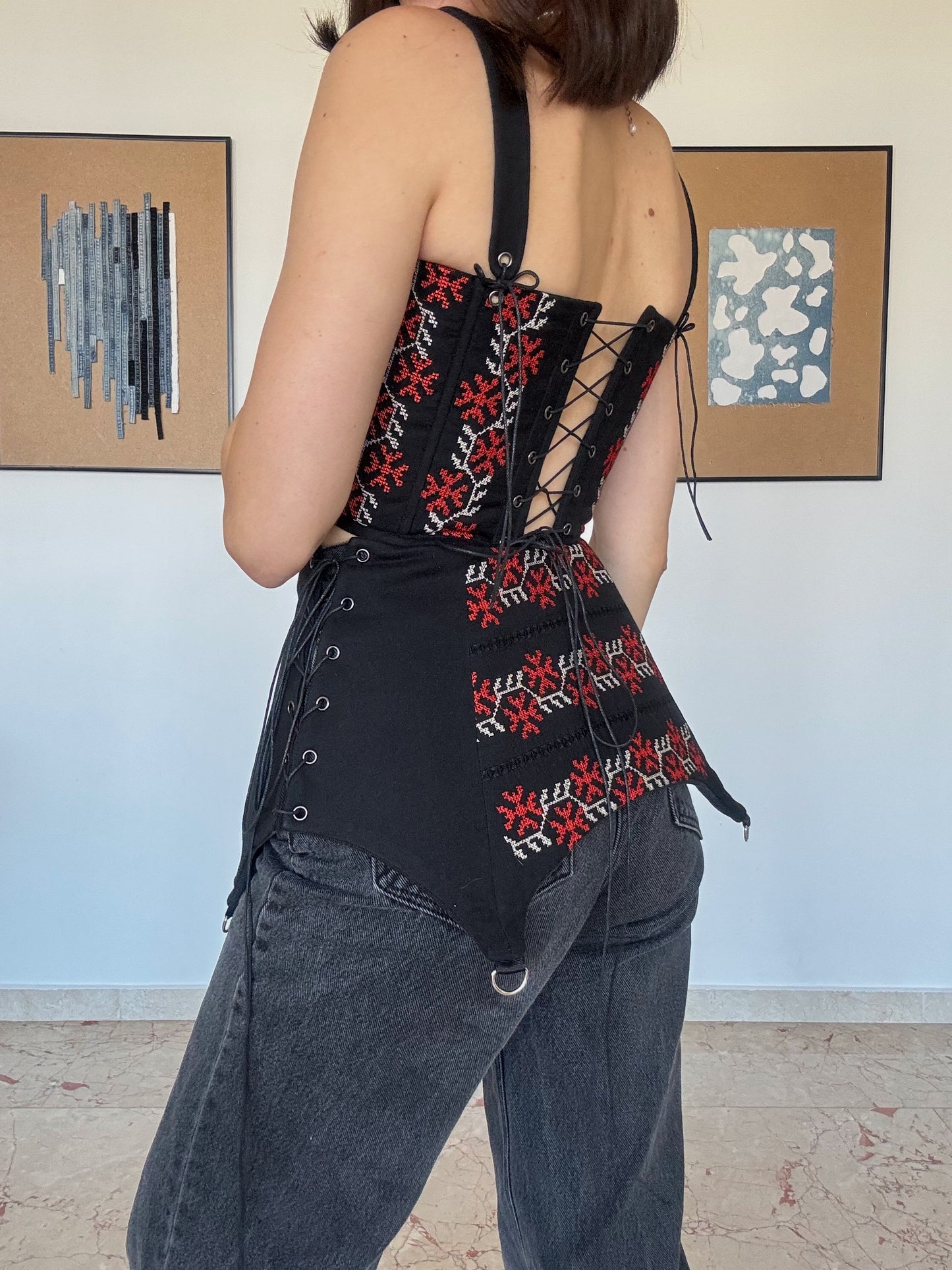 Romanian Folk Corset + Corset Belt with geometric motifs