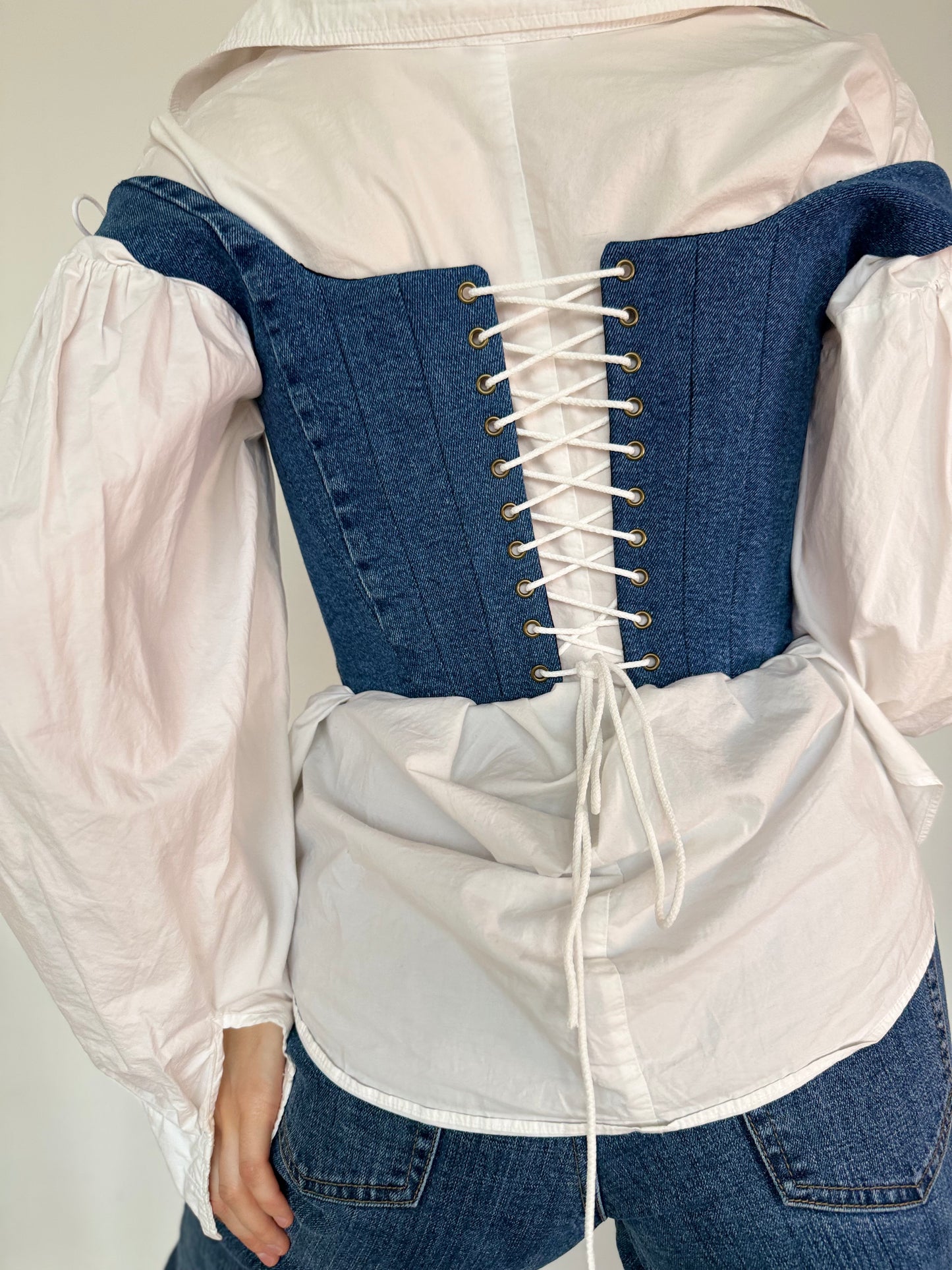Blue Denim Corset with Adjustable Straps and Metal Details [Pre-Order]
